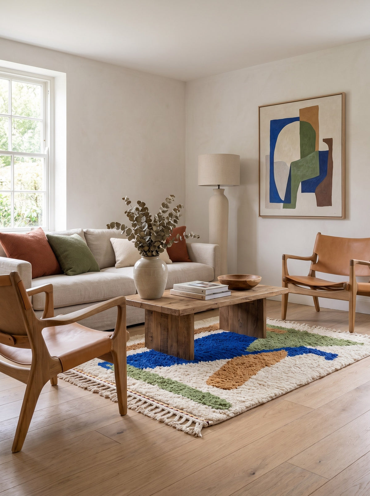 Tapis berbère graphique blanc et bleu roi Targit dans un autre salon, noué main au Maroc