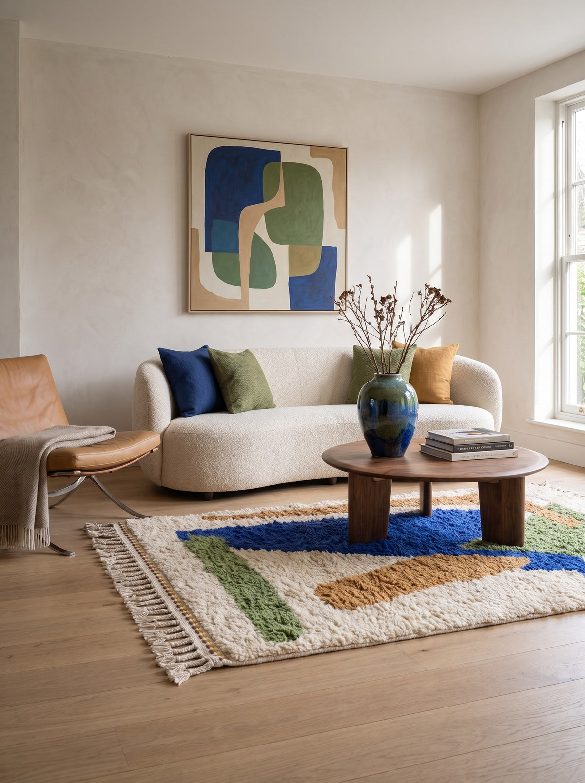 Tapis berbère graphique blanc et bleu roi Targit dans un salon, noué main au Maroc