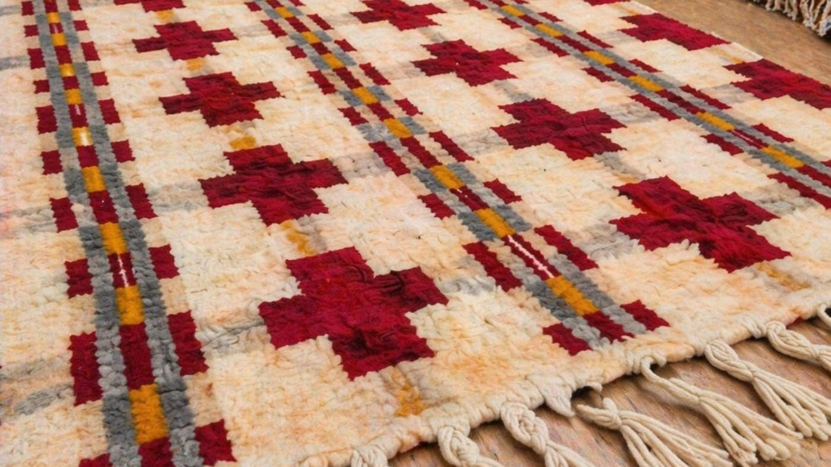 Gros plan sur la laine du tapis berbère Zerekten, poil blanc et bordeaux noué à la main