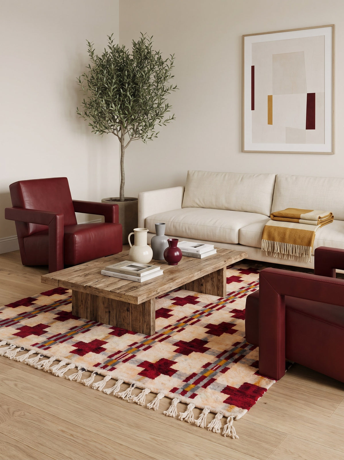 Tapis berbère graphique blanc et bordeaux Zerekten dans un autre salon, noué main au Maroc