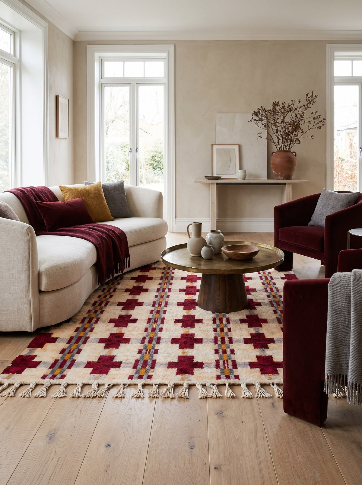 Tapis berbère graphique blanc et bordeaux Zerekten dans un salon, noué main au Maroc