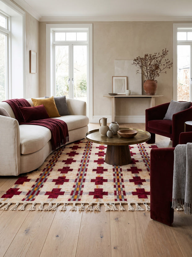 Tapis berbère graphique blanc et bordeaux - Zerekten