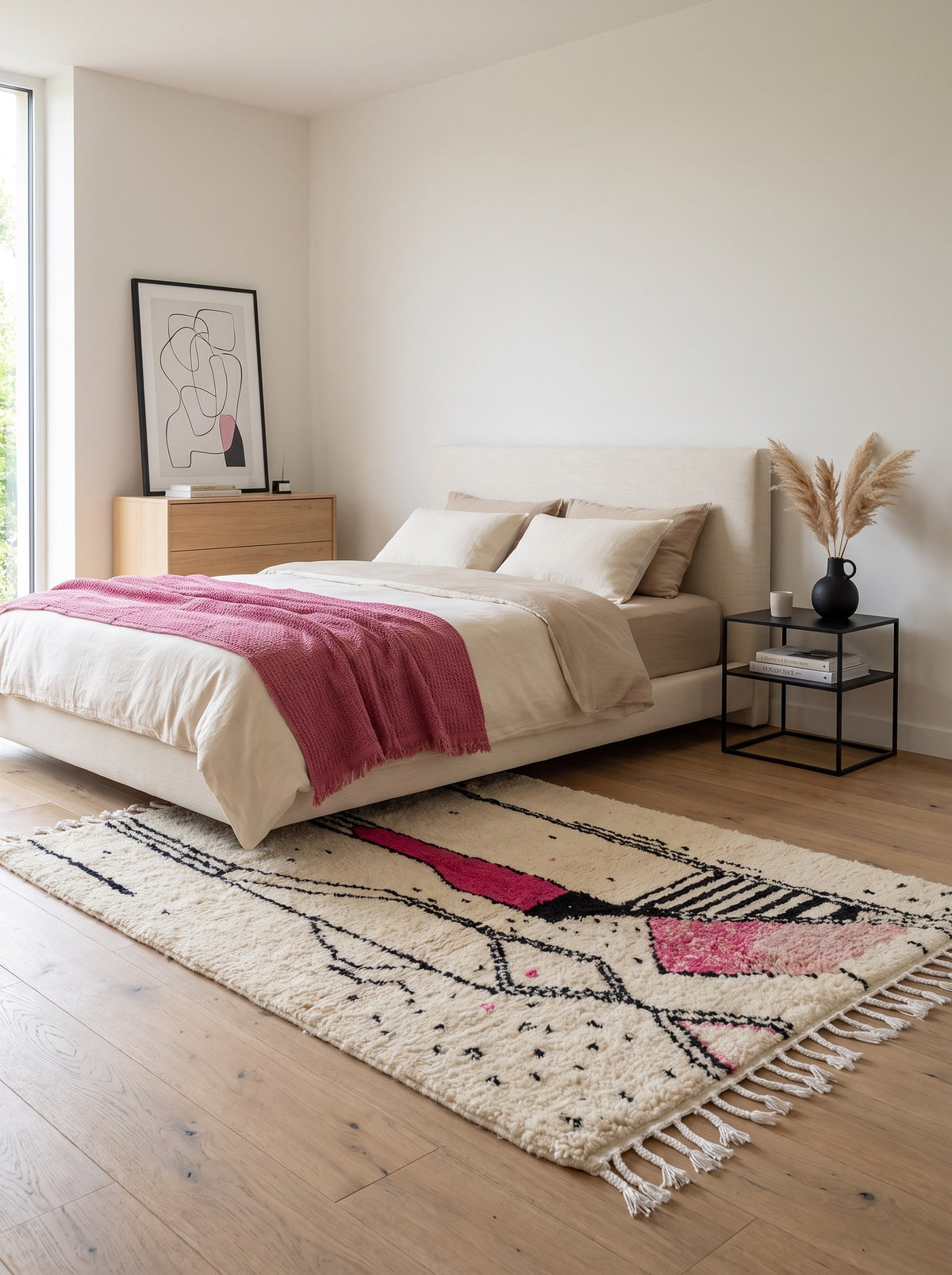 Tapis berbère graphique blanc et fuchsia Timit dans une chambre, noué main au Maroc