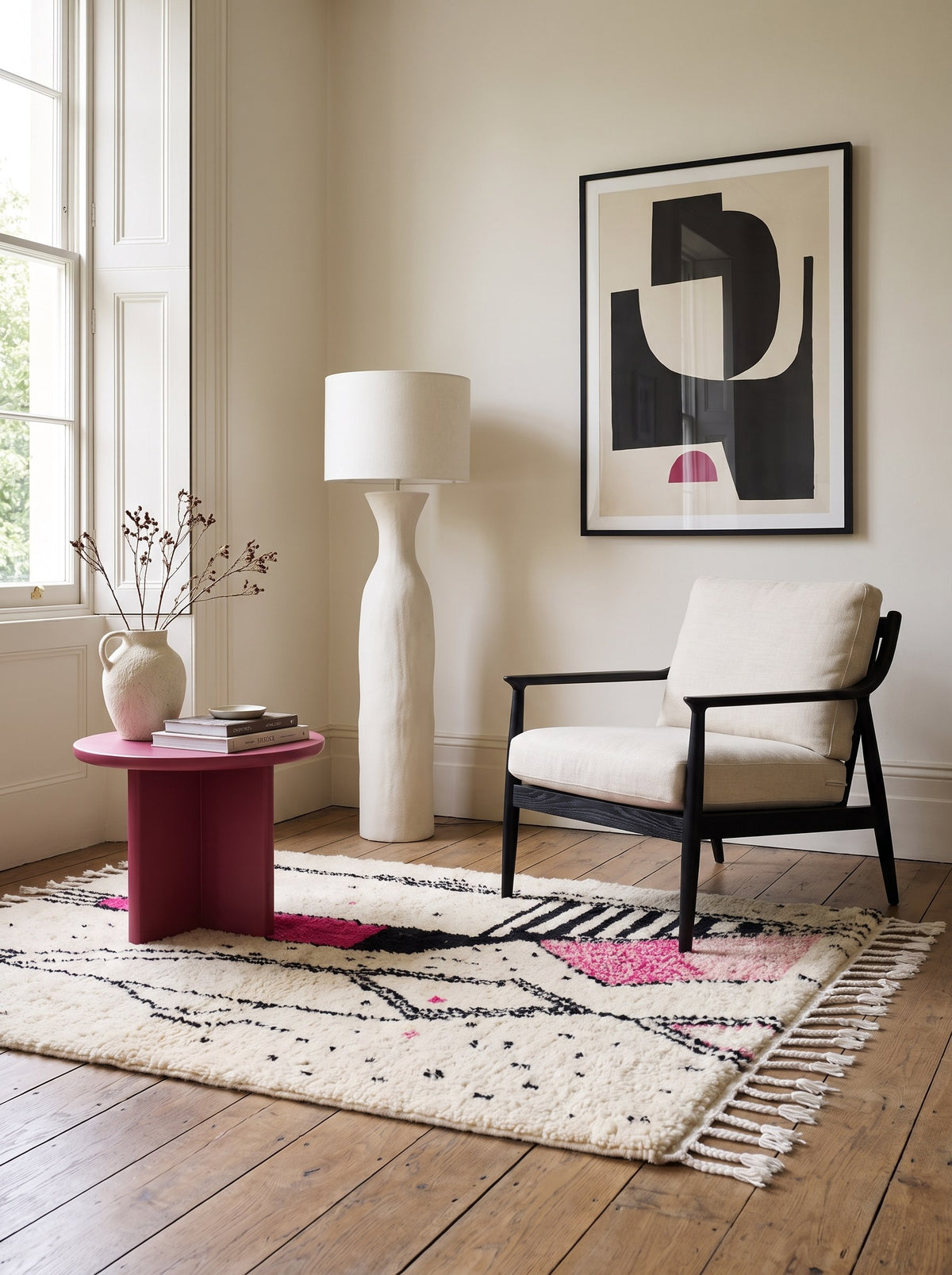 Tapis berbère graphique blanc et fuchsia Timit dans un coin lecture, noué main au Maroc