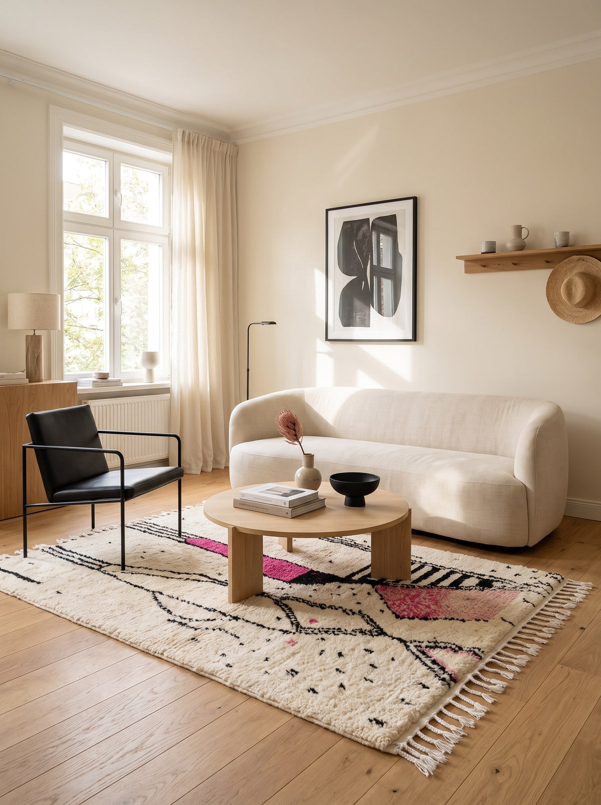 Tapis berbère graphique blanc et fuchsia Timit dans un autre salon, noué main au Maroc