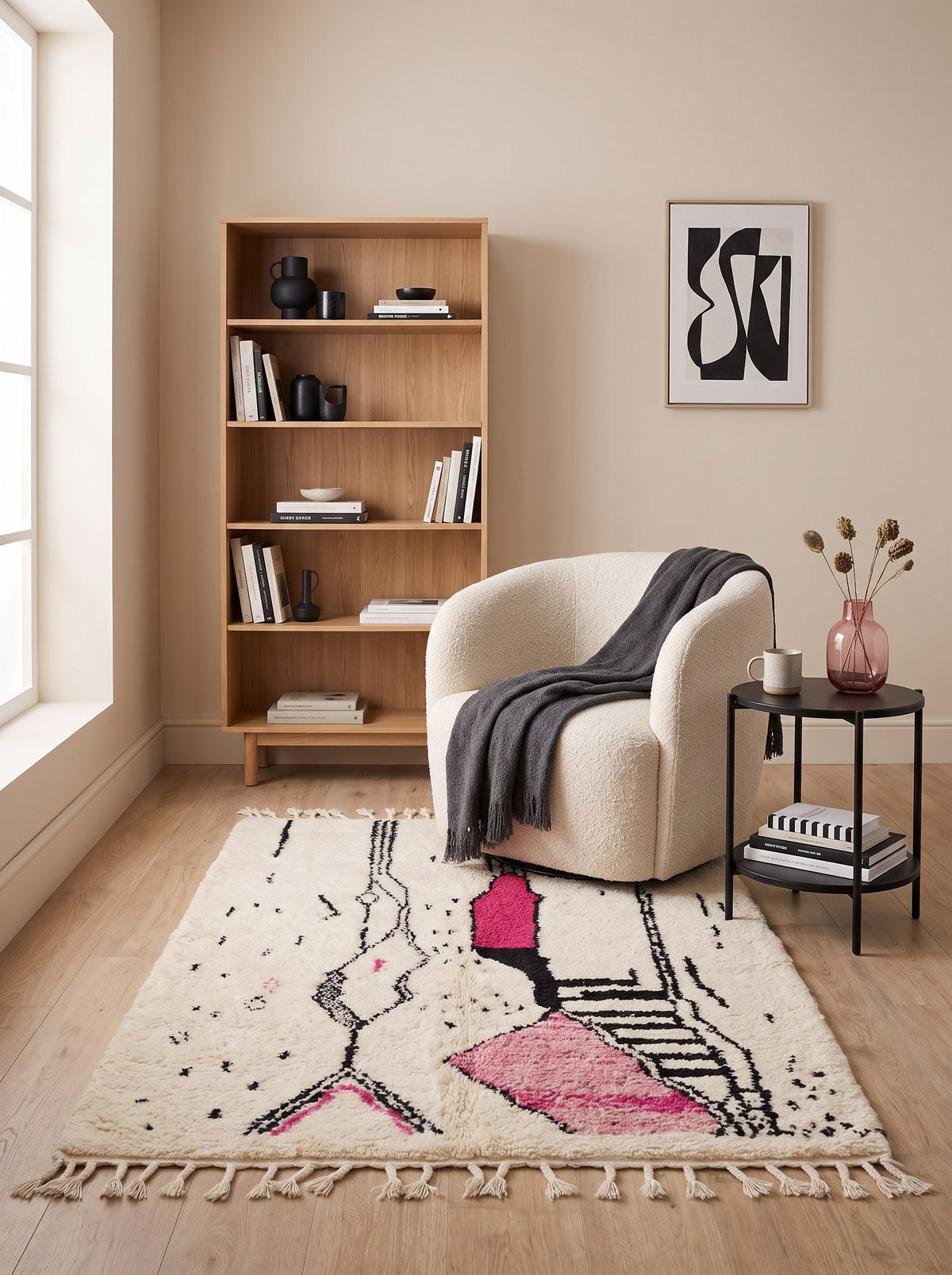 Tapis berbère graphique blanc et fuchsia Tira dans un coin lecture, noué main au Maroc