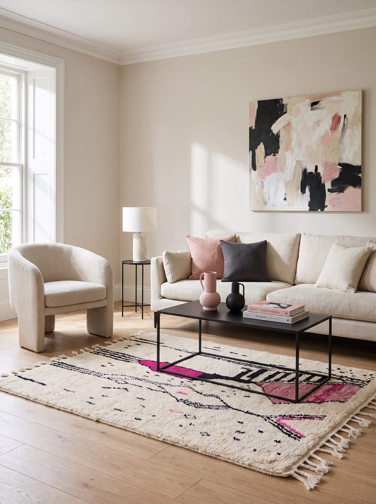 Tapis berbère graphique blanc et fuchsia Tira dans un salon, noué main au Maroc