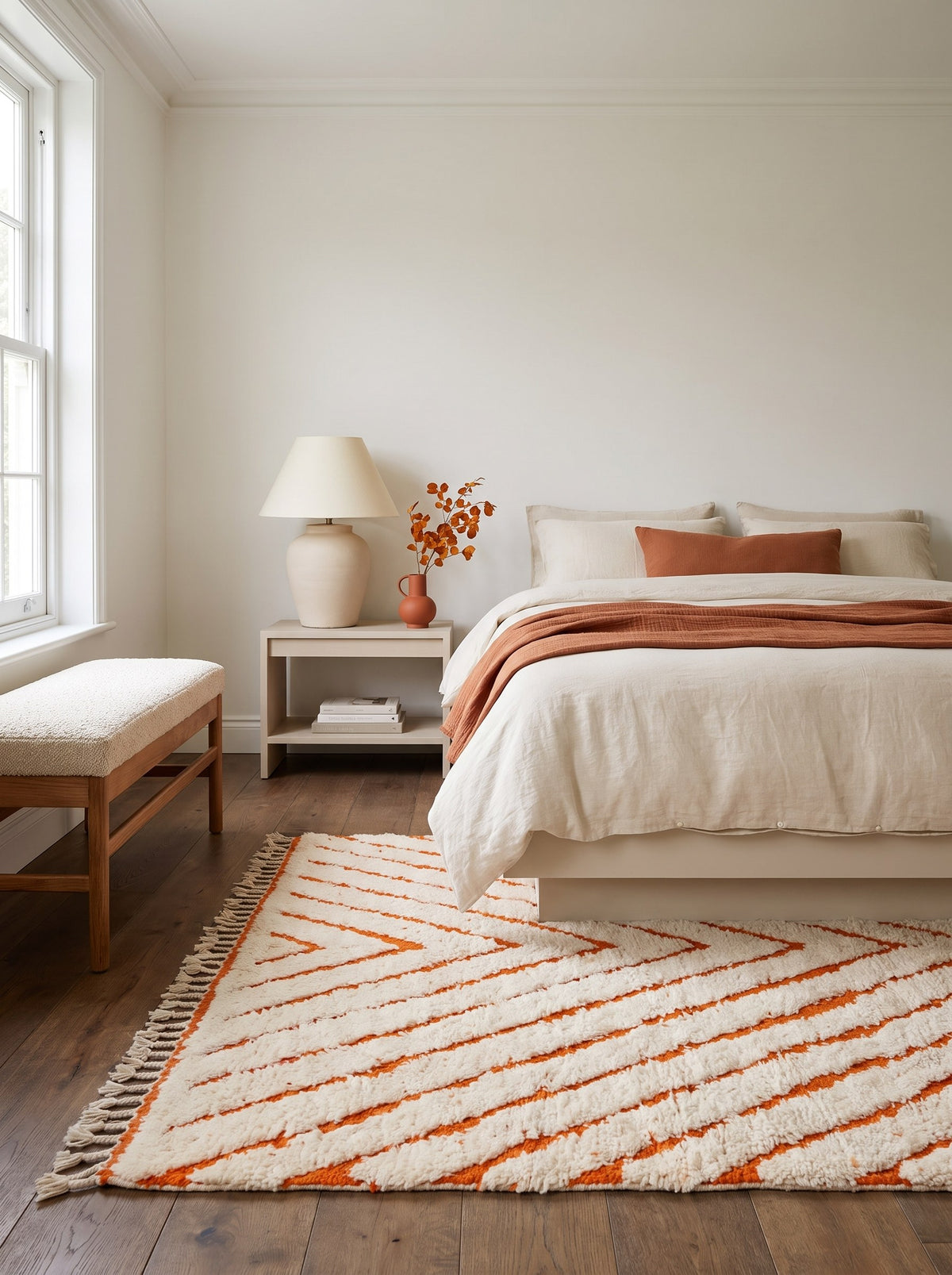 Igdat graphic Berber rug in white and orange, in a bedroom, hand-knotted in Morocco