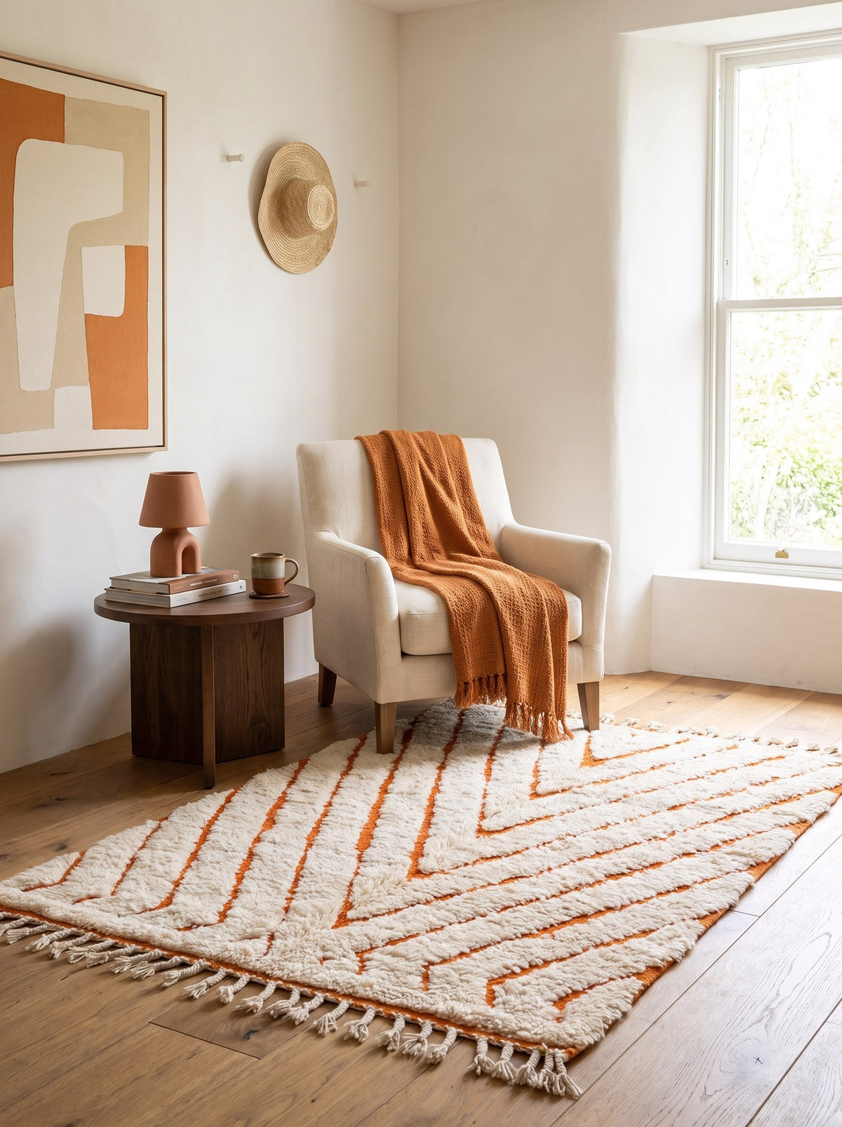Igdat graphic Berber rug in white and orange, in a reading nook, hand-knotted in Morocco