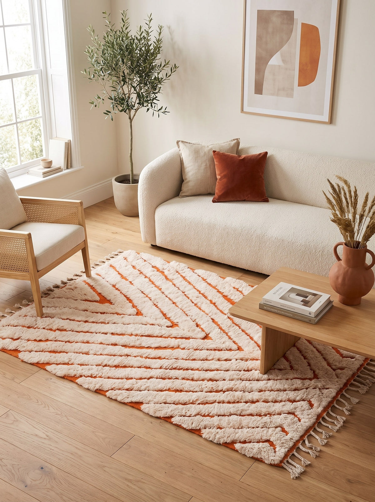 Igdat graphic Berber rug in white and orange, in another living room, hand-knotted in Morocco