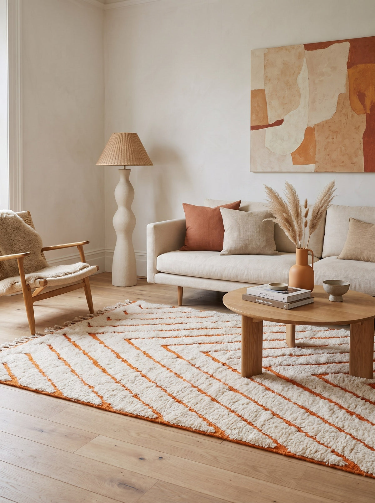 Igdat graphic Berber rug in white and orange, in a living room, hand-knotted in Morocco
