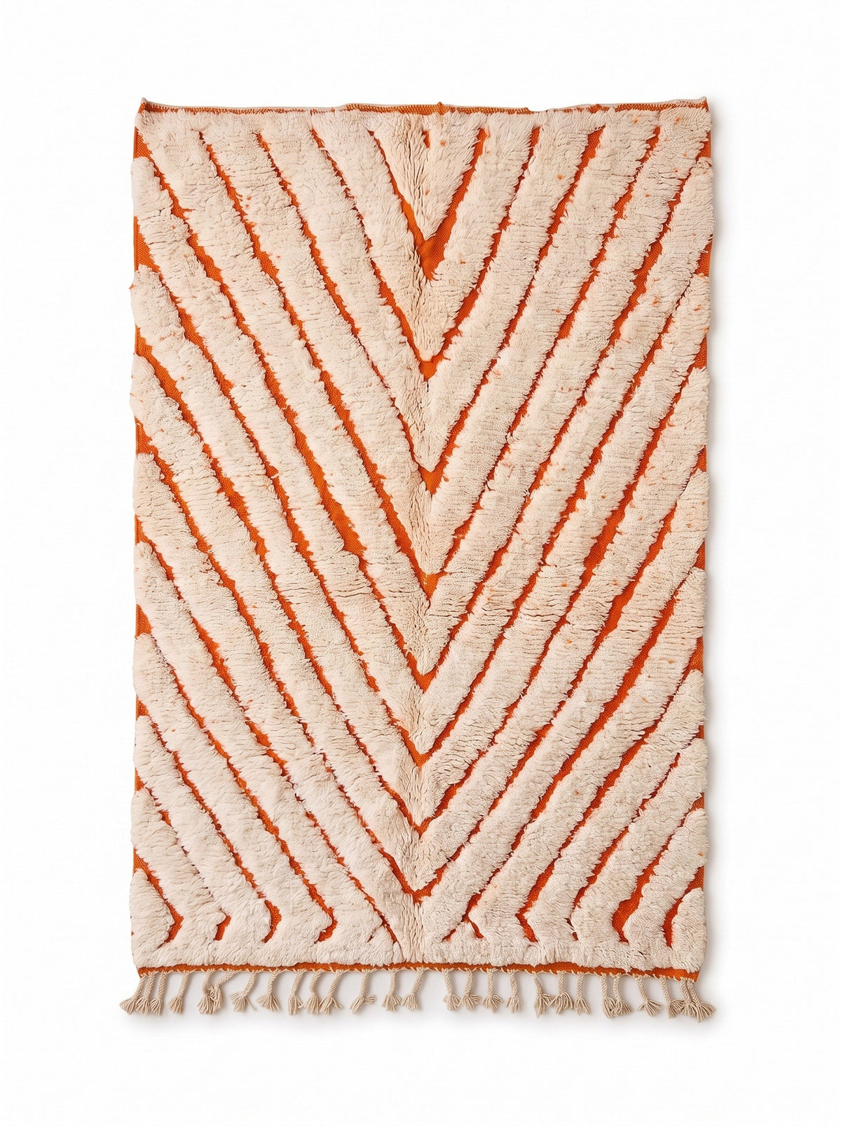 Igdat graphic Berber rug in white and orange, laid flat, flat-woven orange ground, long-pile ivory bands