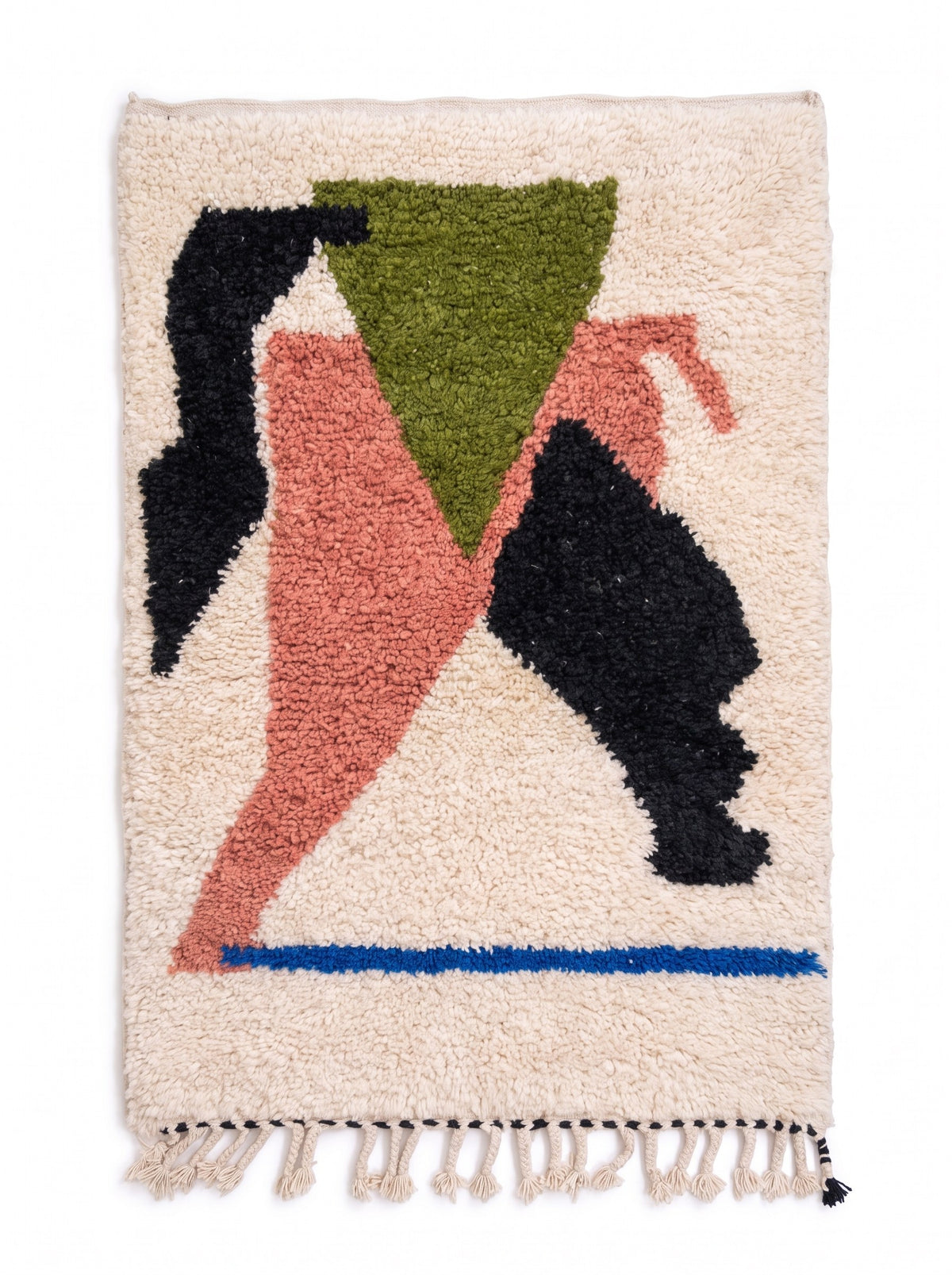 Tapis berbère graphique blanc et rose Timlilit vu à plat, fond écru, triangle vert olive pointe en bas en haut