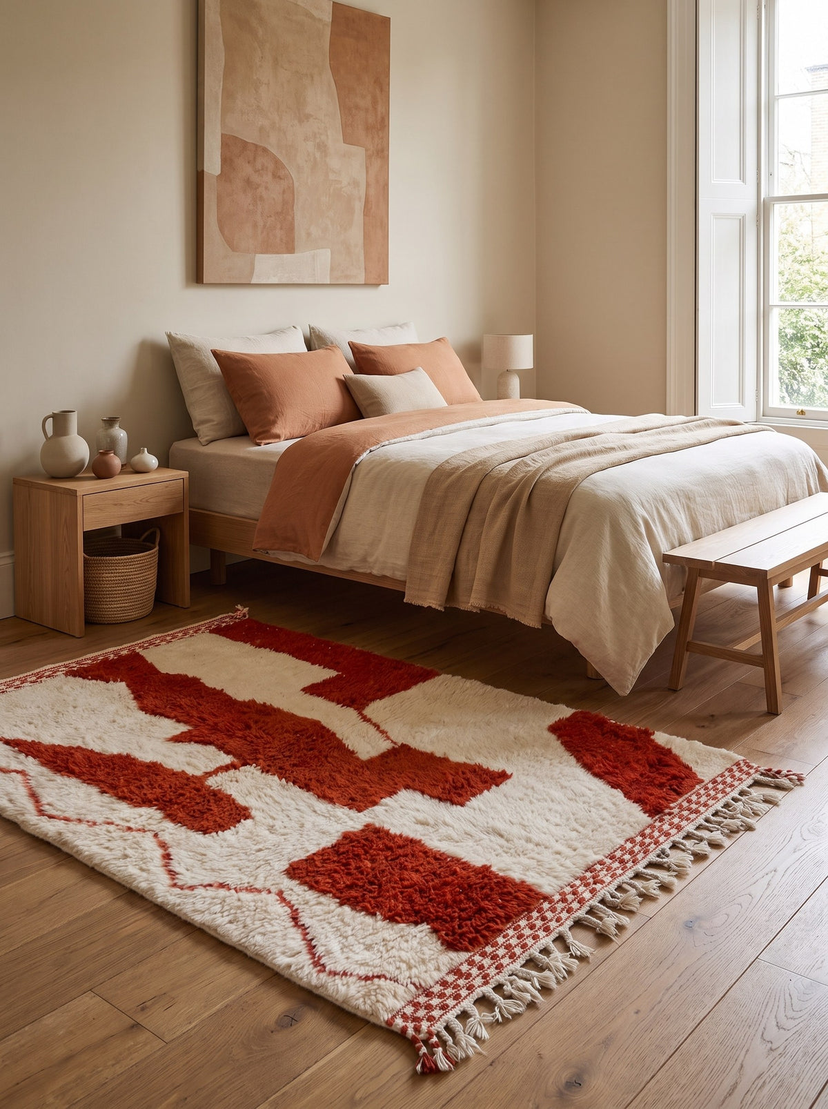 Tapis berbère graphique blanc et rouge Roumila dans une chambre, noué main au Maroc