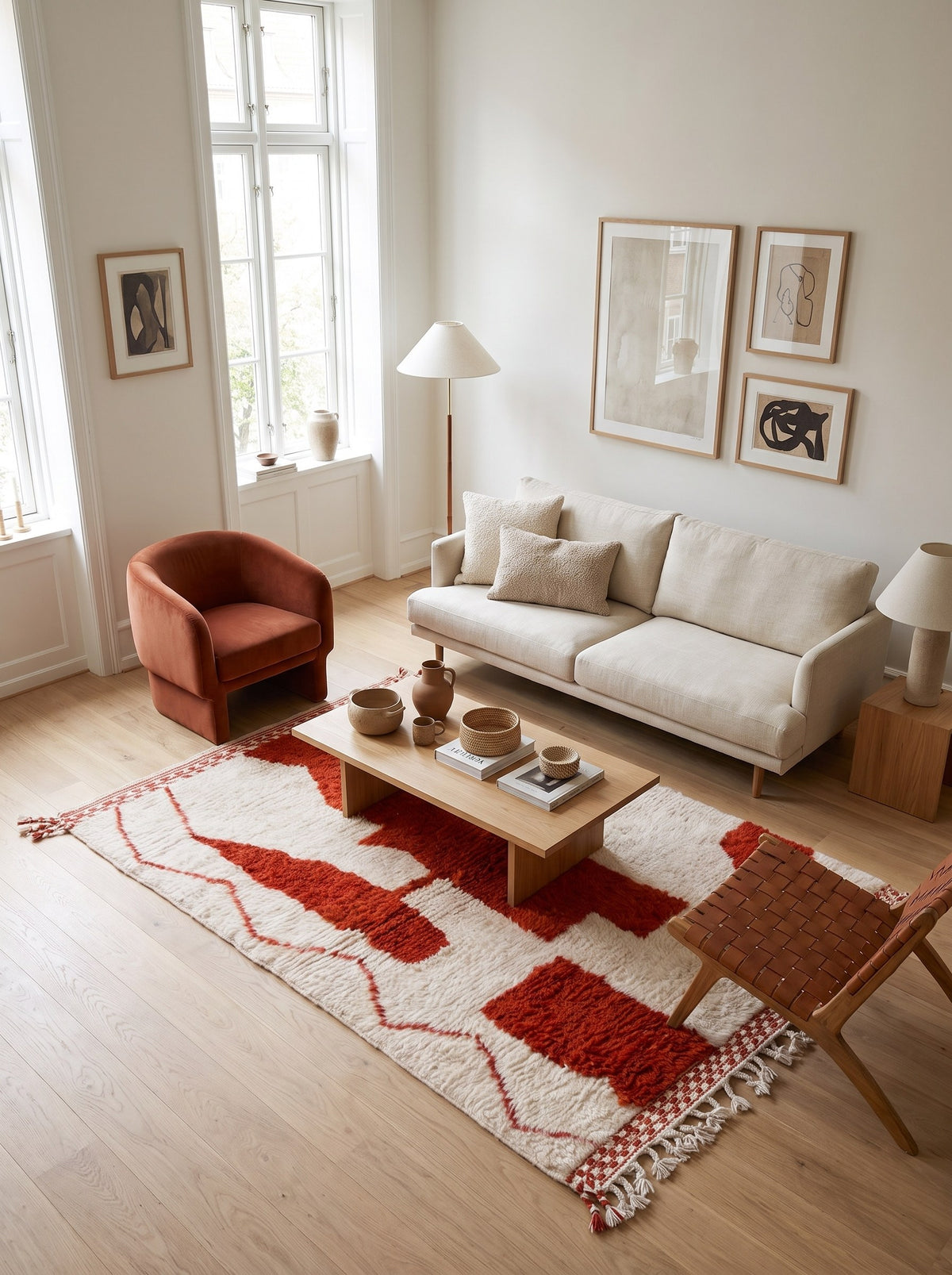 Tapis berbère graphique blanc et rouge Roumila dans un autre salon, noué main au Maroc