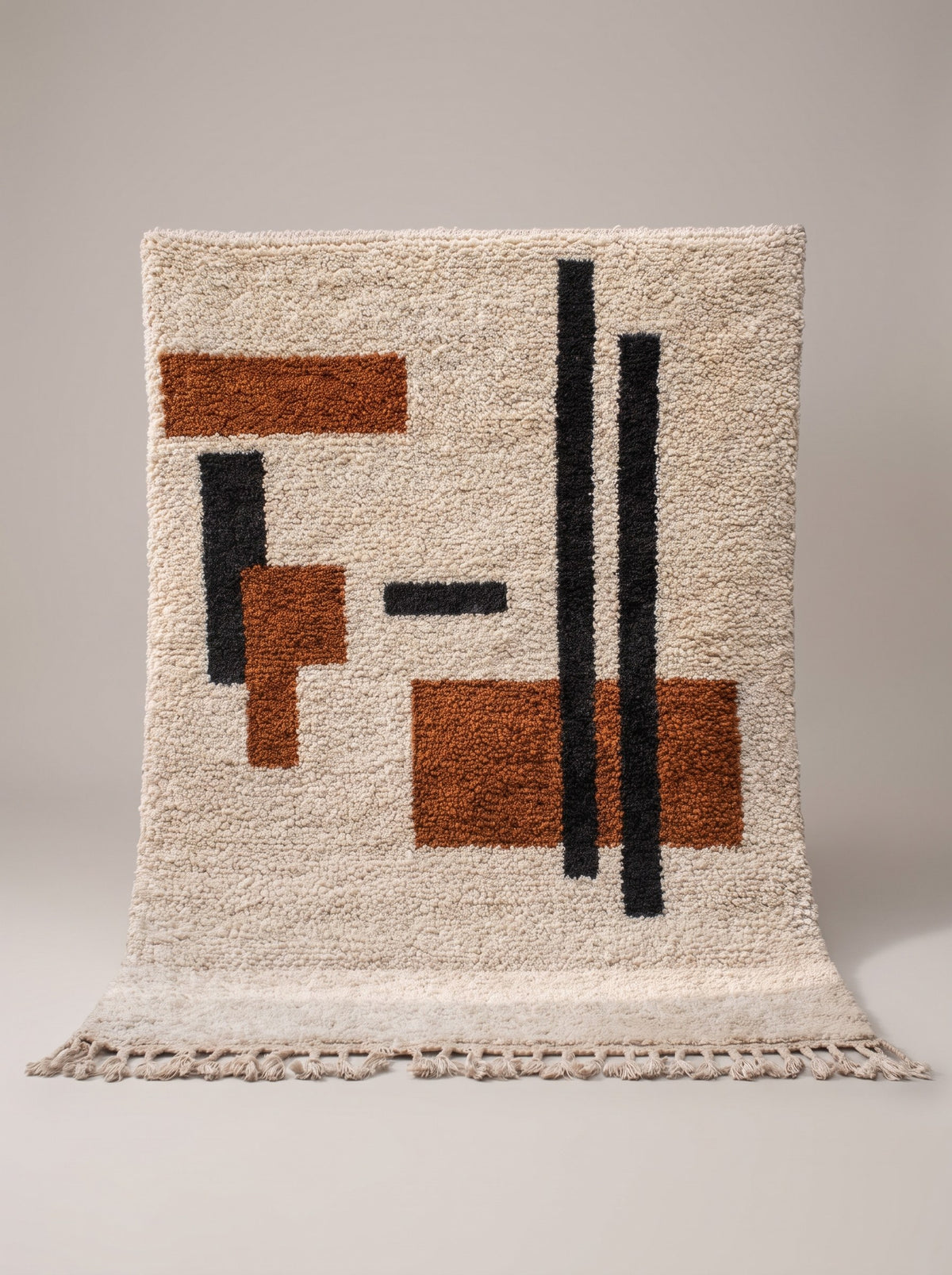 Meskala graphic Berber rug in white and terracotta, hanging, one of a kind, hand-knotted in Morocco