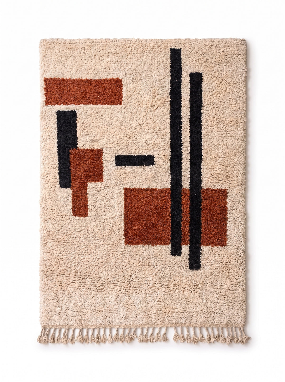 Meskala graphic Berber rug in white and terracotta, laid flat, long-pile ecru field, at the top, ecru fringes at the bottom only