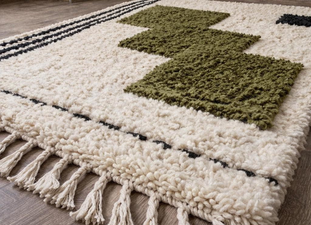 Tapis berbère graphique blanc et vert Abrid posé au sol vu de côté, noué main au Maroc
