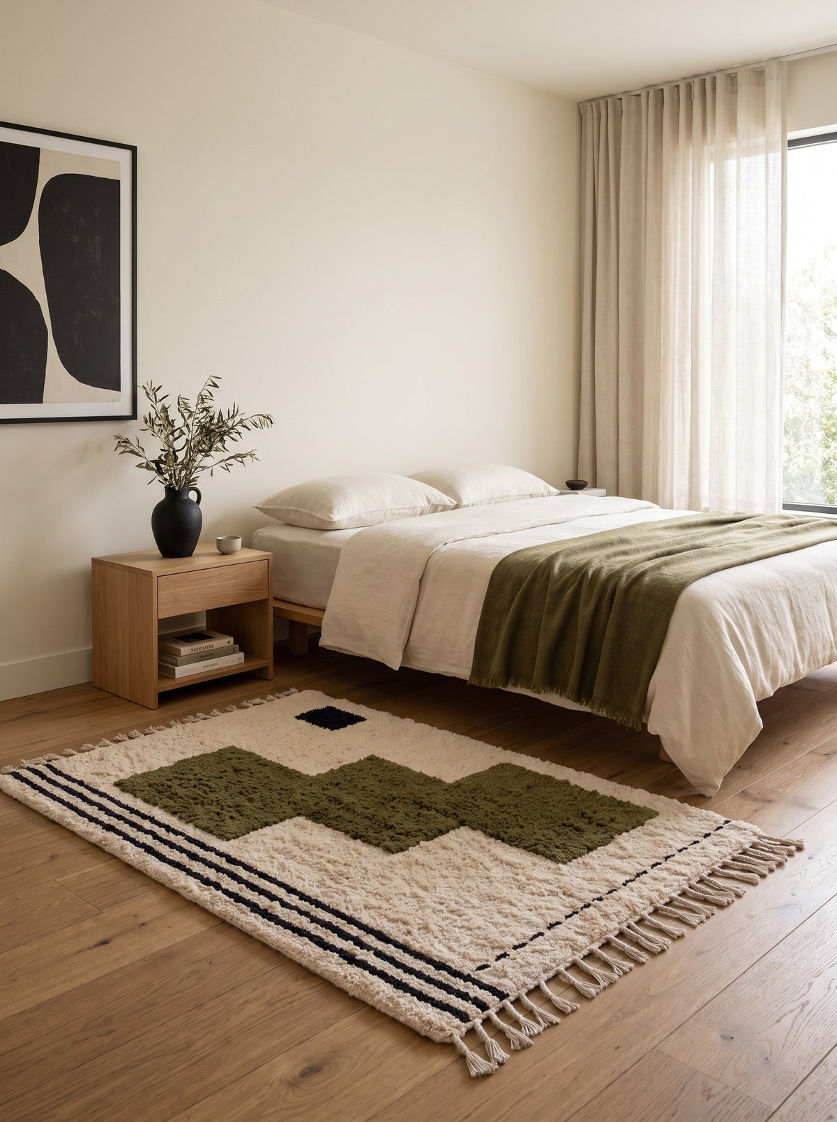 Tapis berbère graphique blanc et vert Abrid dans une chambre, noué main au Maroc