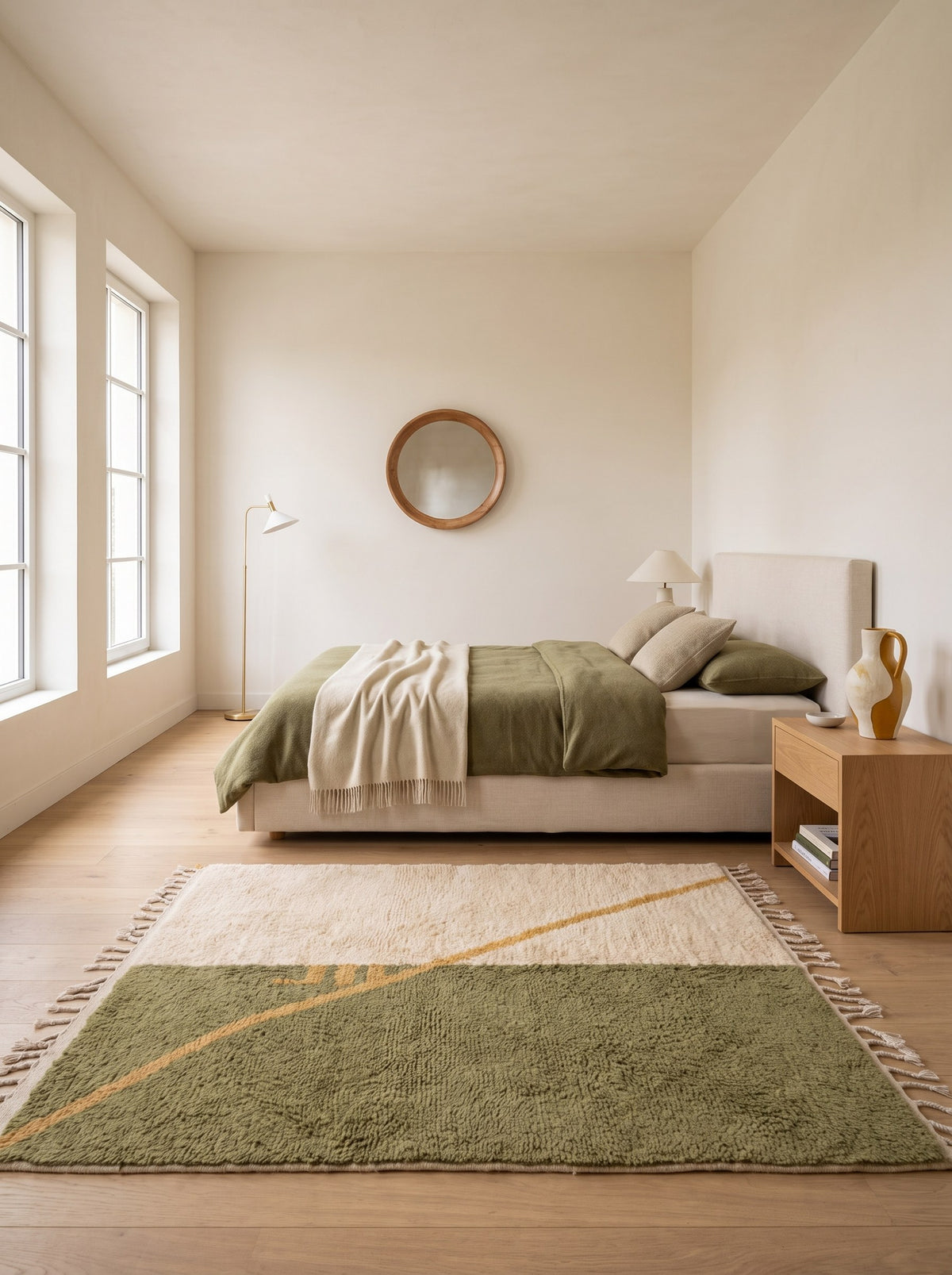 Tapis berbère graphique blanc et vert olive Tiflet dans une chambre, noué main au Maroc