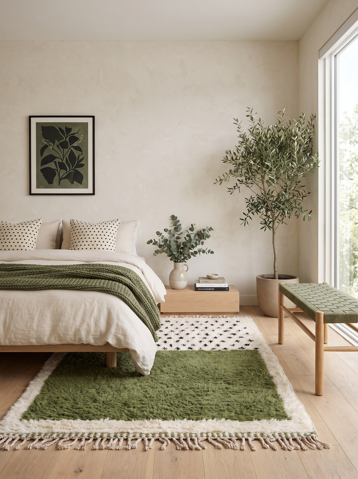 Tapis berbère graphique blanc et vert Tafniwa dans une chambre, noué main au Maroc