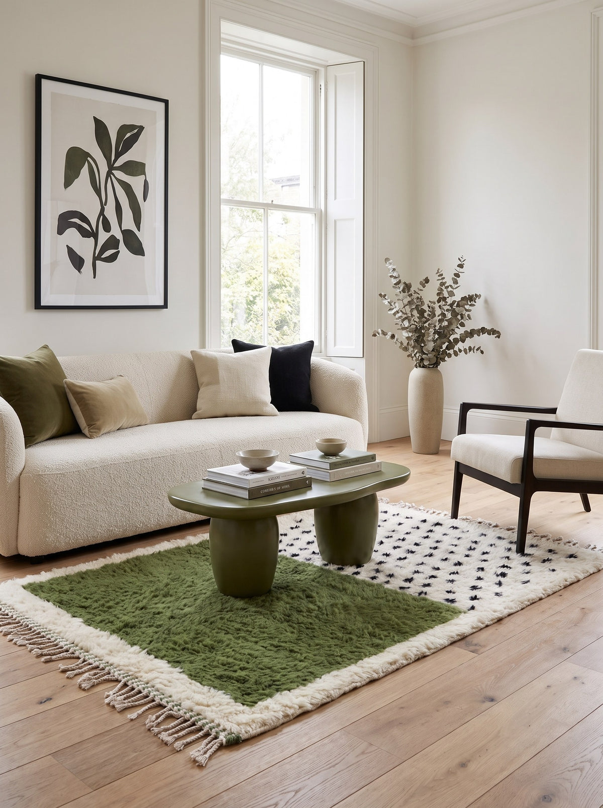Tapis berbère graphique blanc et vert Tafniwa dans un salon, noué main au Maroc