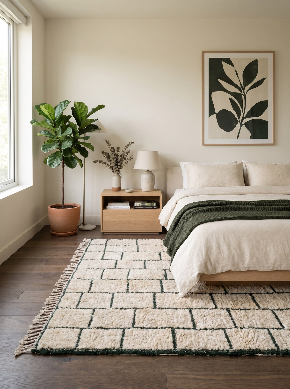 Tapis berbère graphique blanc et vert Tisent dans une chambre, noué main au Maroc