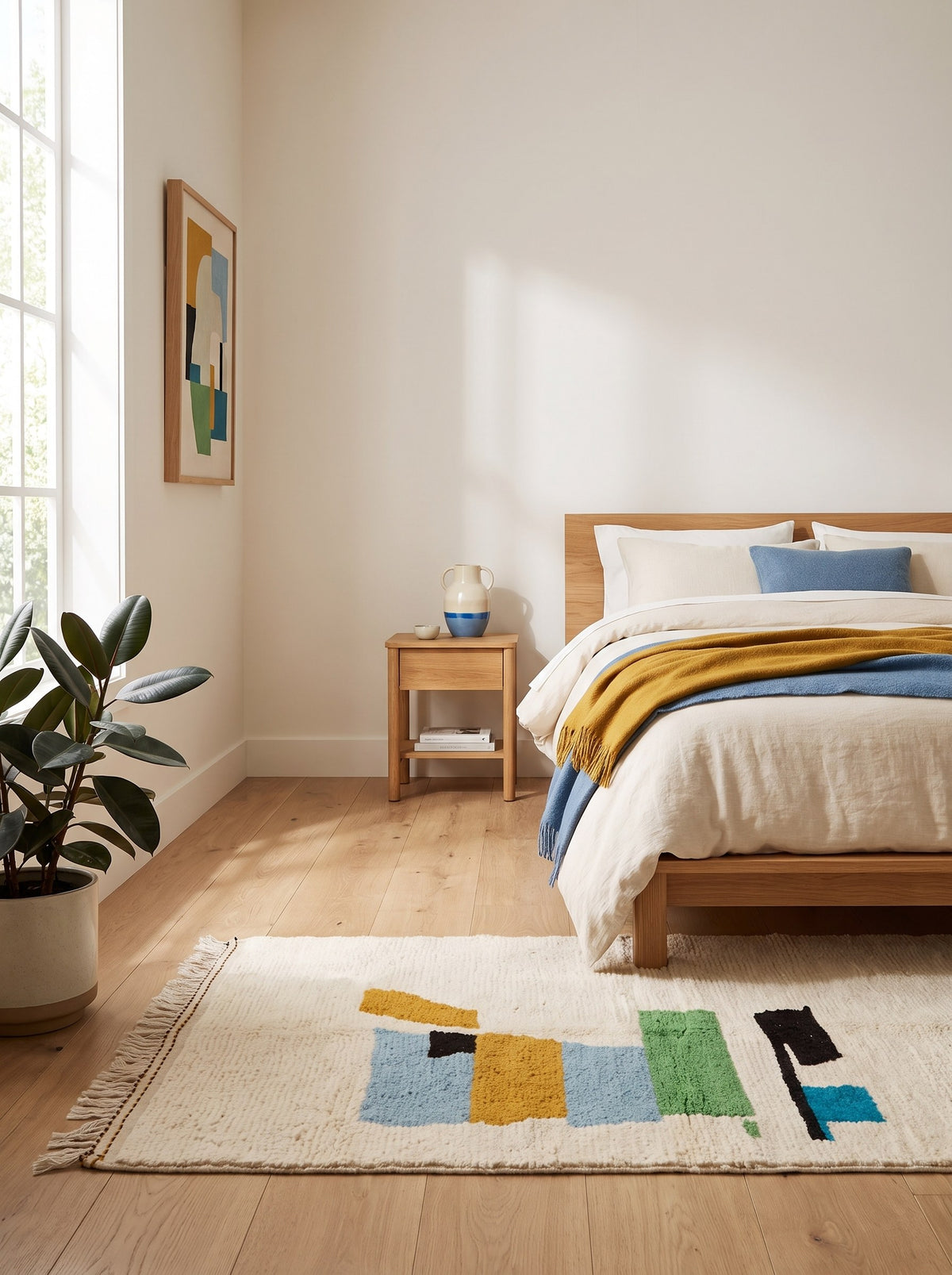 Tapis berbère graphique blanc multicolore Imoulas dans une chambre, noué main au Maroc