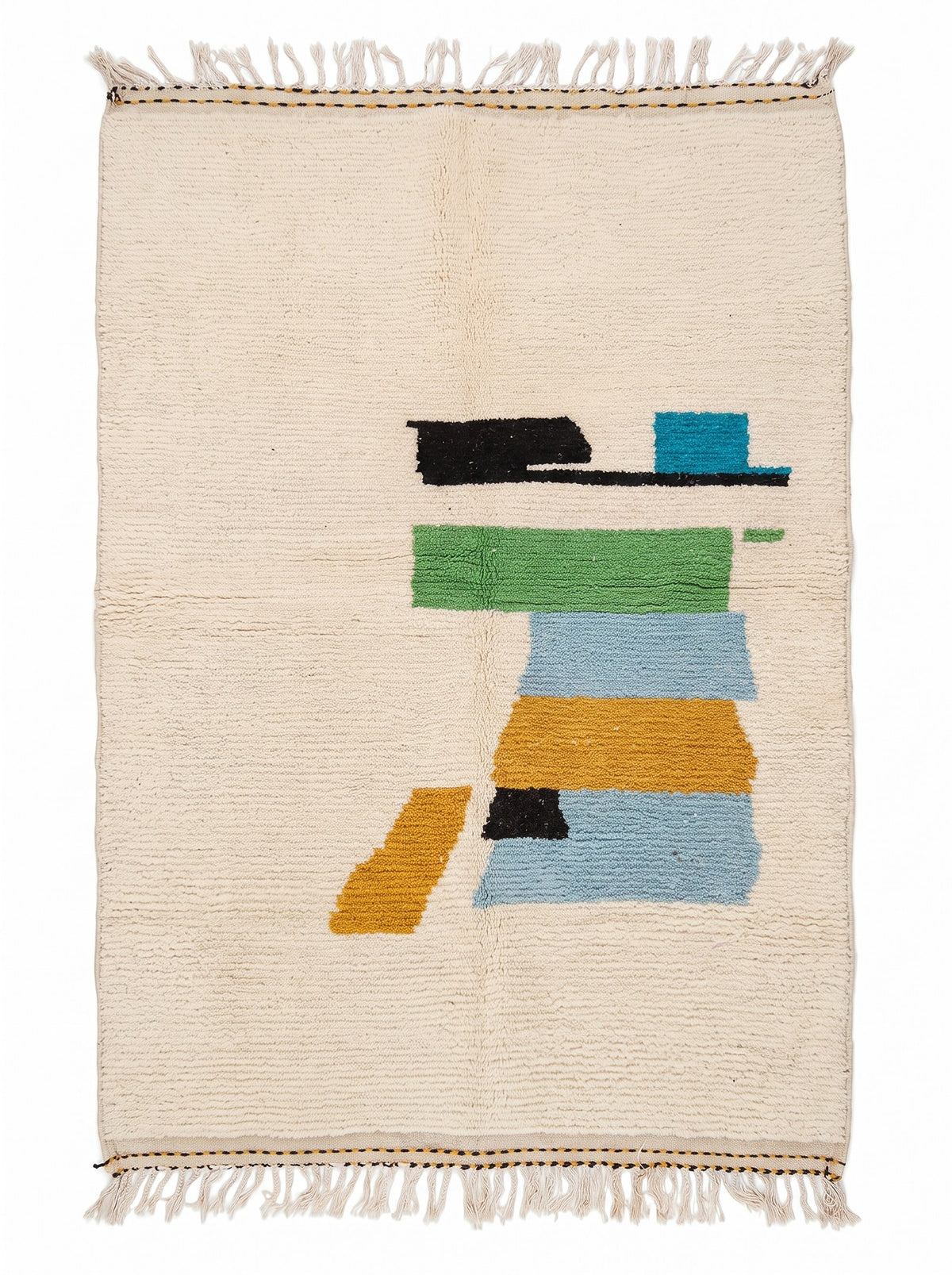 Tapis berbère graphique blanc multicolore Imoulas vu à plat, champ écru à poil très court