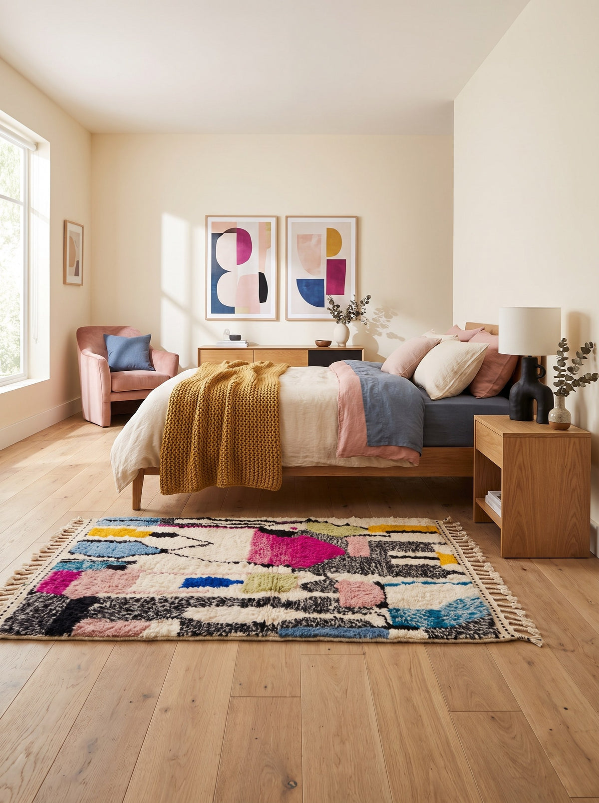 Tapis berbère graphique blanc multicolore Lozmira dans une chambre, noué main au Maroc