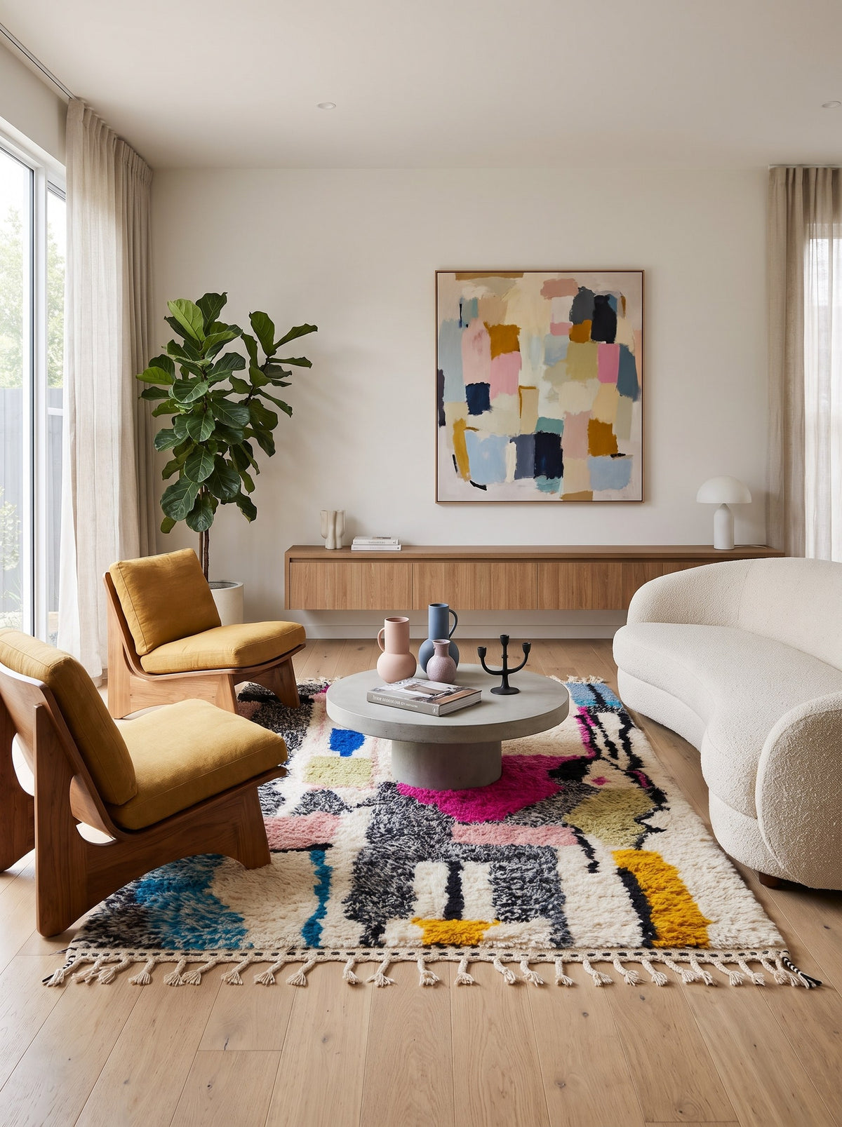 Tapis berbère graphique blanc multicolore Lozmira dans un autre salon, noué main au Maroc