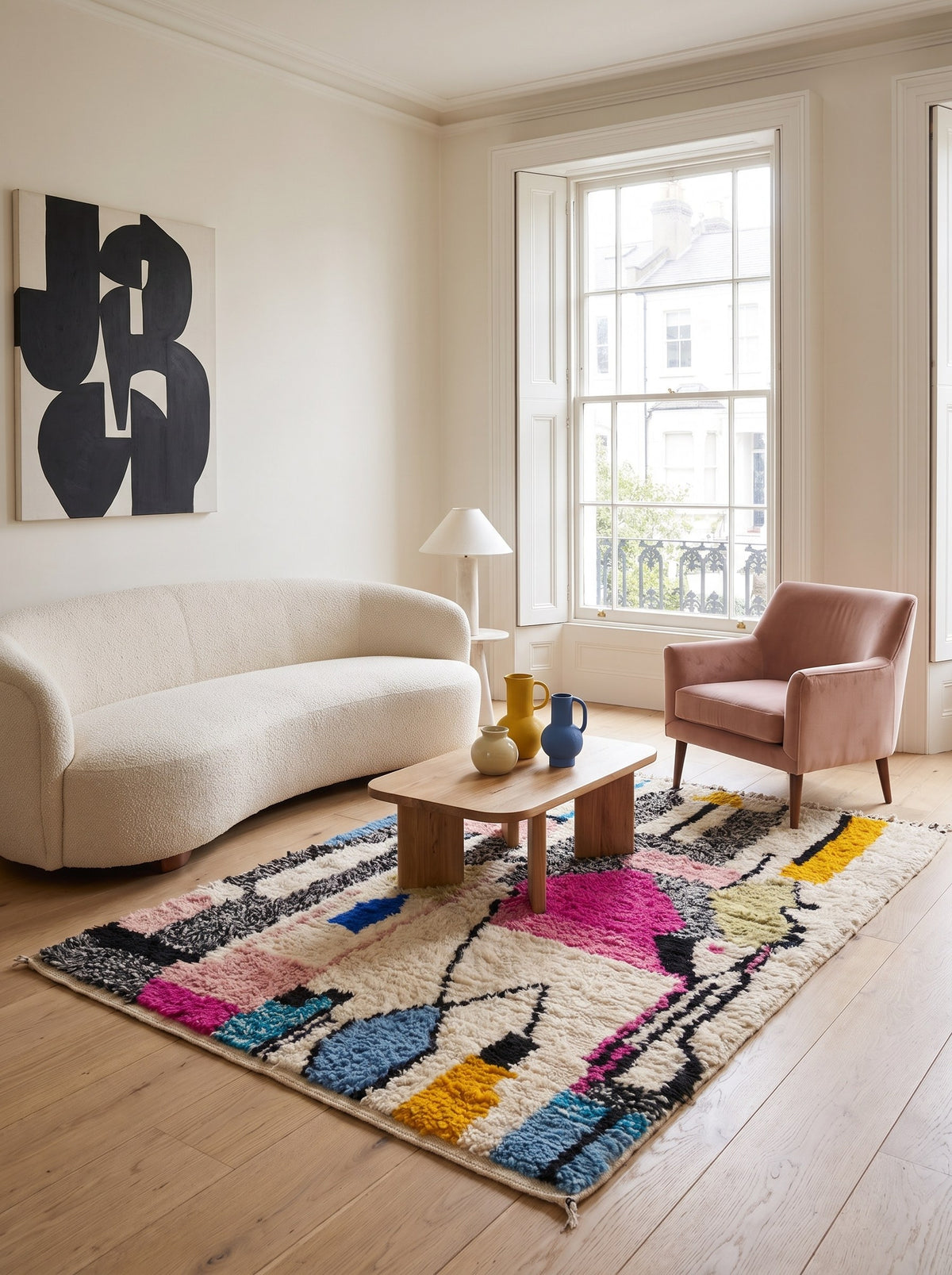 Tapis berbère graphique blanc multicolore Lozmira dans un salon, noué main au Maroc