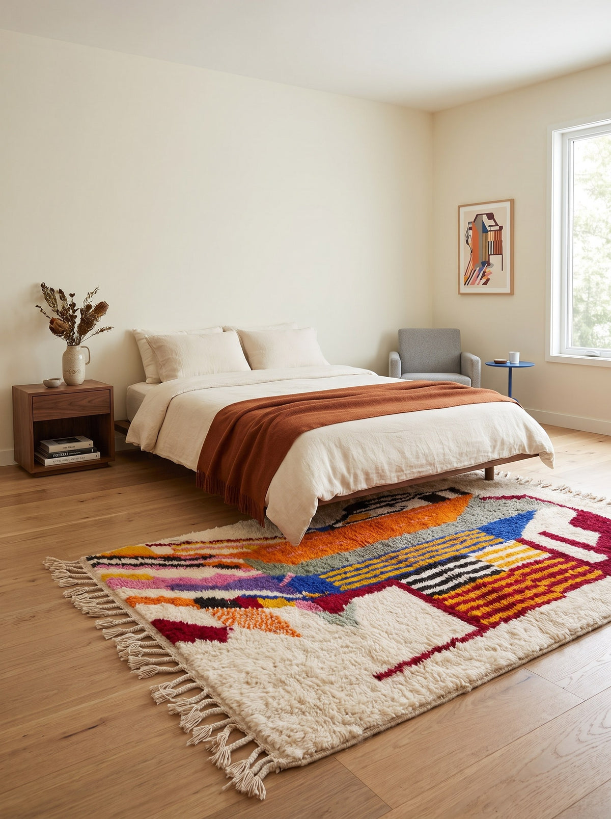 Tamgrout graphic Berber rug, white and multicoloured in a bedroom, hand-knotted in Morocco