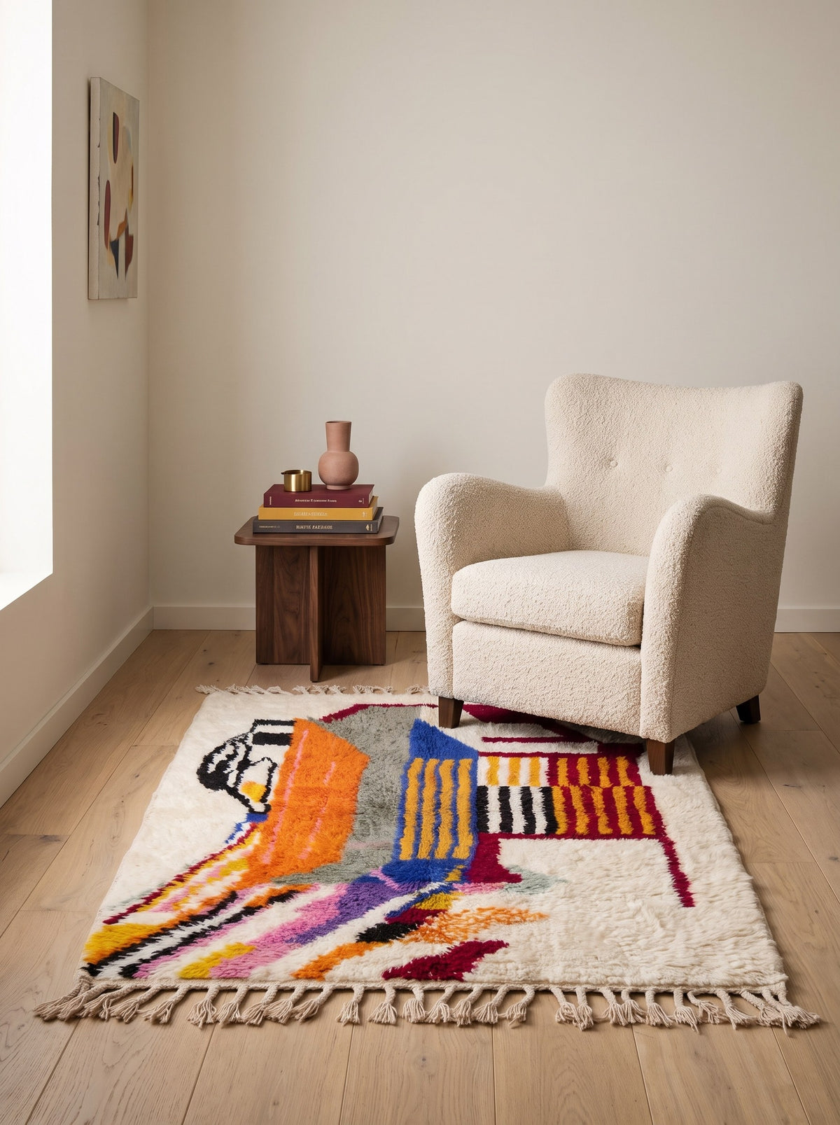 Tamgrout graphic Berber rug, white and multicoloured in a reading nook, hand-knotted in Morocco