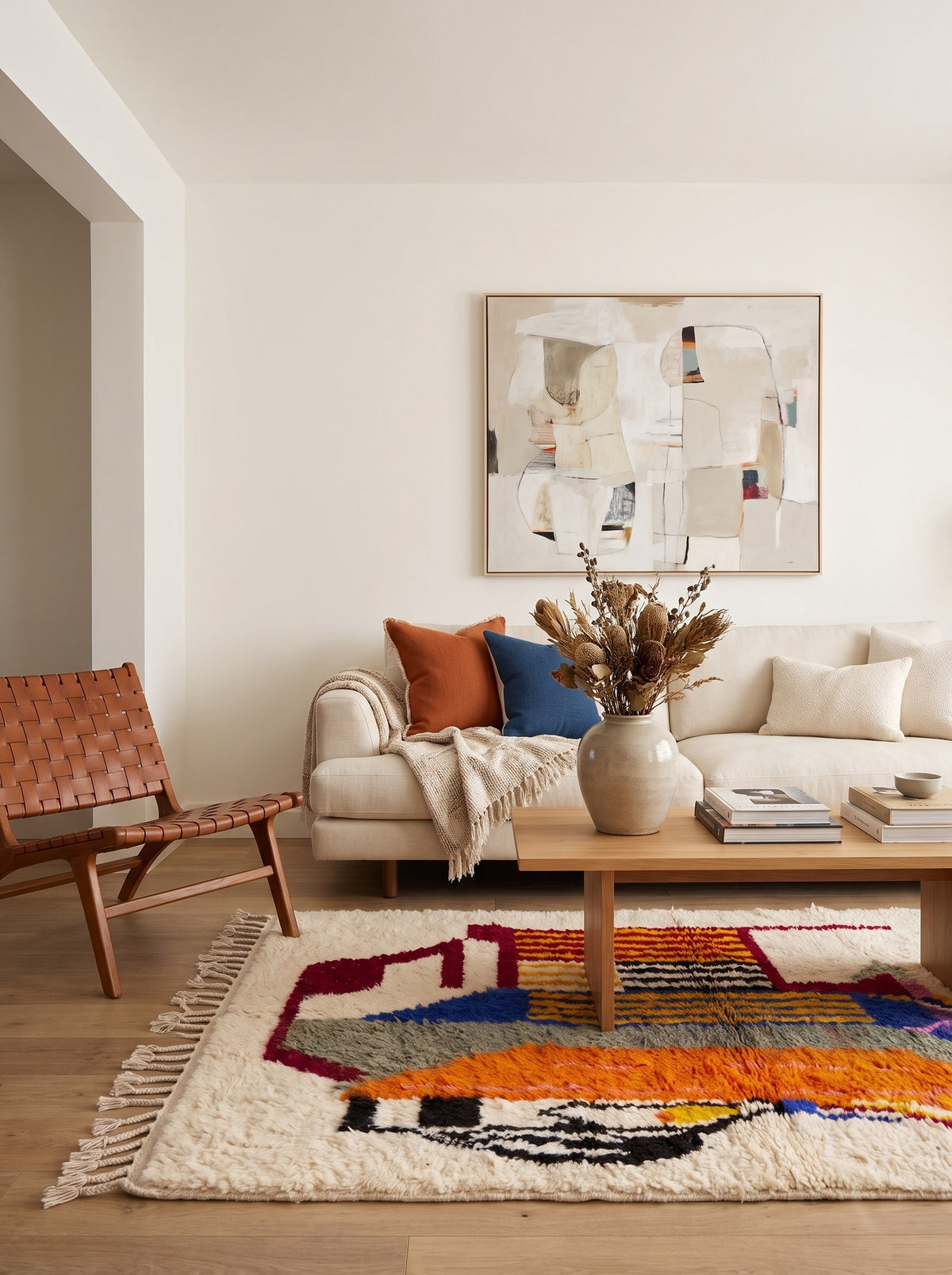 Tamgrout graphic Berber rug, white and multicoloured in another living room, hand-knotted in Morocco