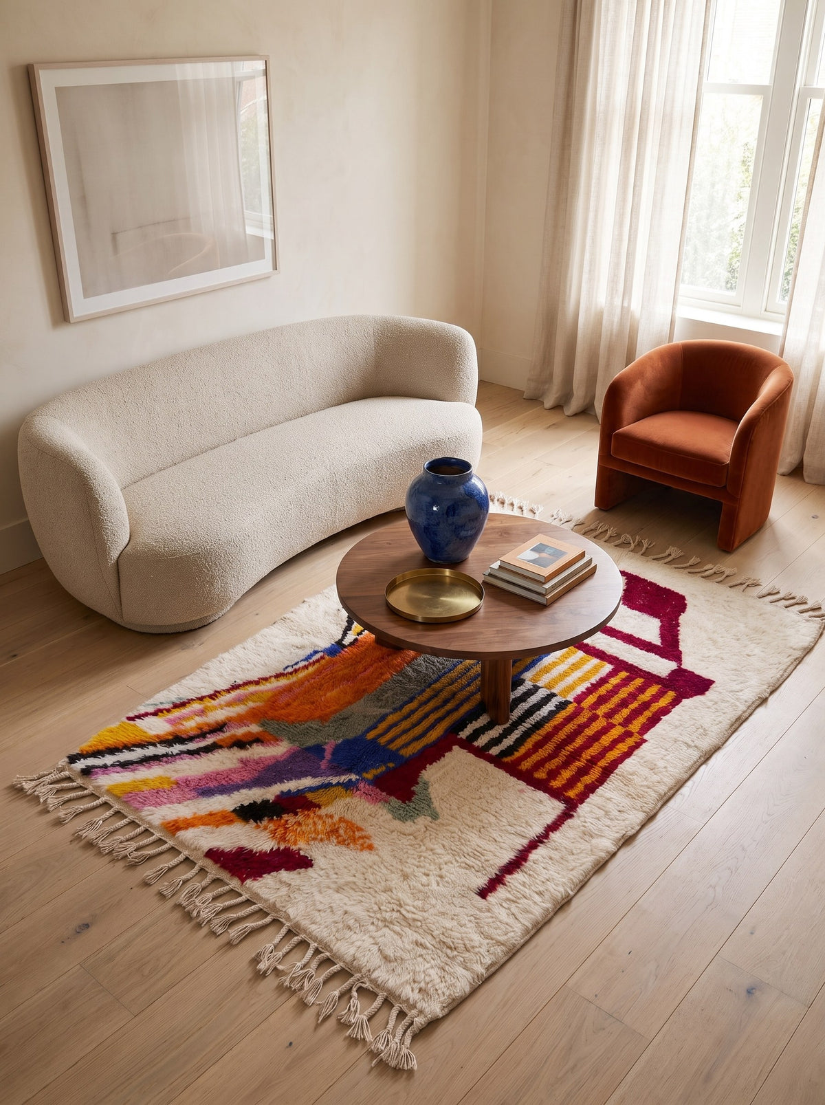 Tamgrout graphic Berber rug, white and multicoloured in a living room, hand-knotted in Morocco