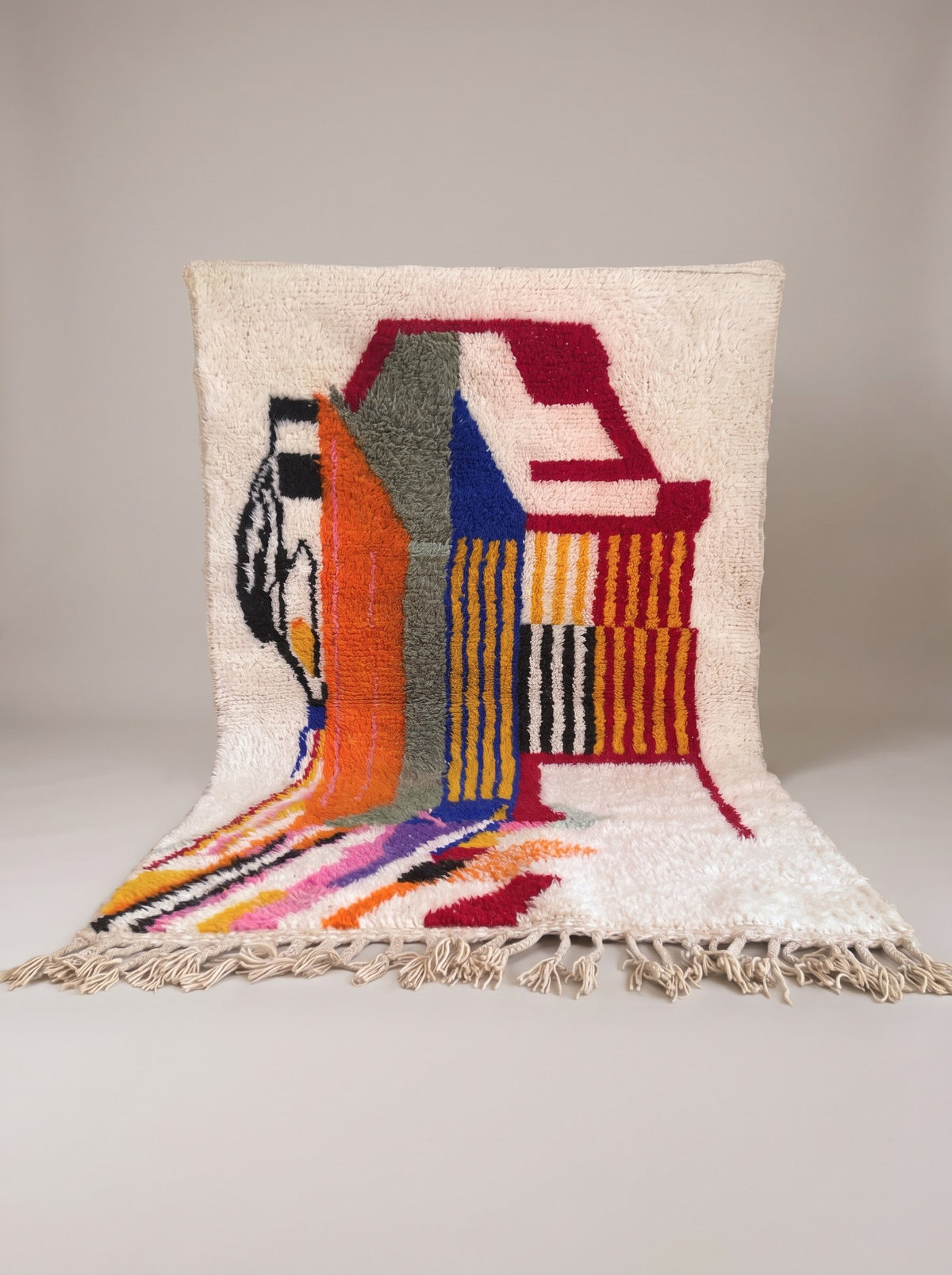 Tamgrout graphic Berber rug, white and multicoloured, hanging, one of a kind, hand-knotted in Morocco