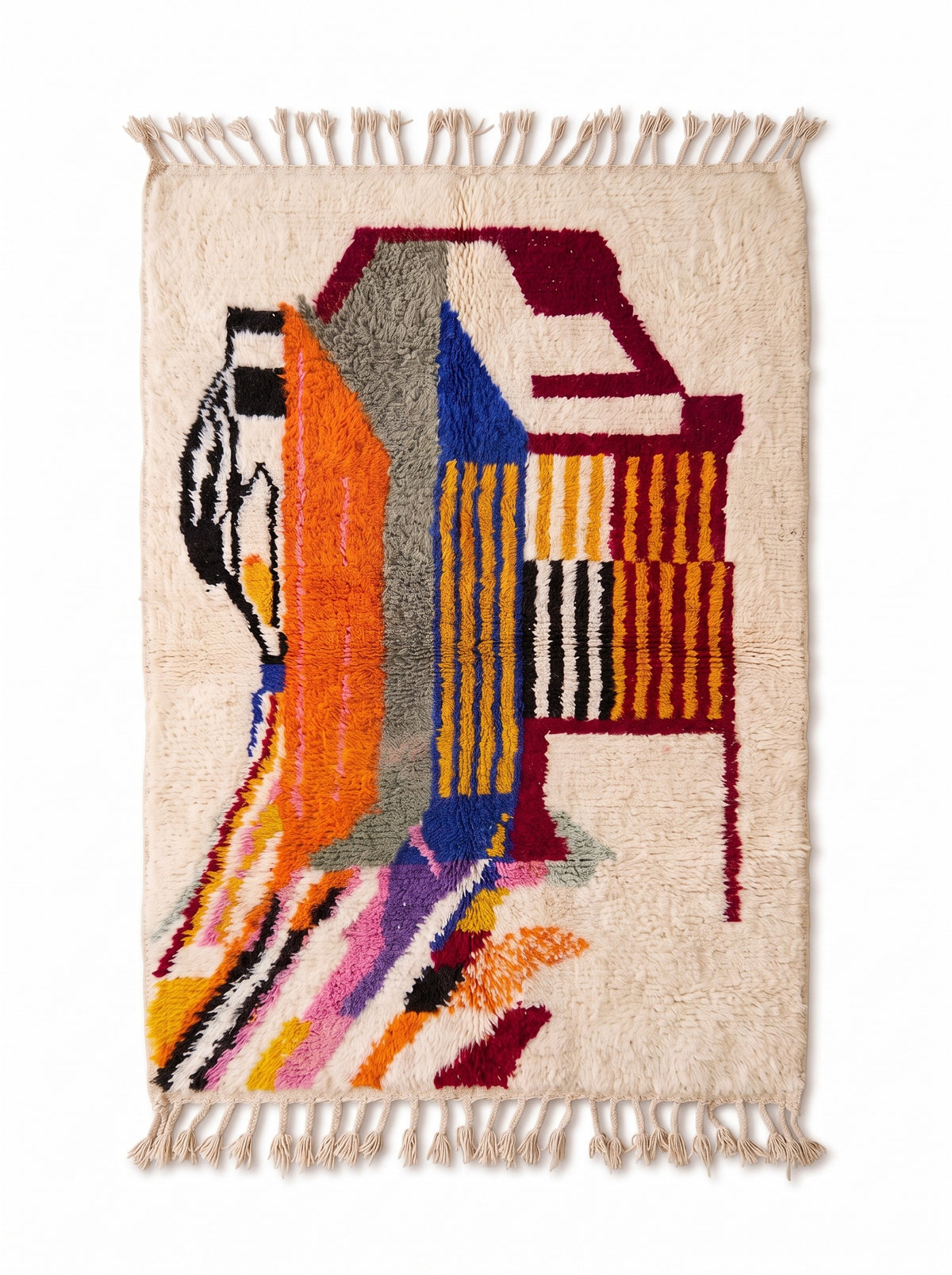 Tamgrout graphic Berber rug, white and multicoloured, laid flat, wide medium-pile ecru field, ecru fringes