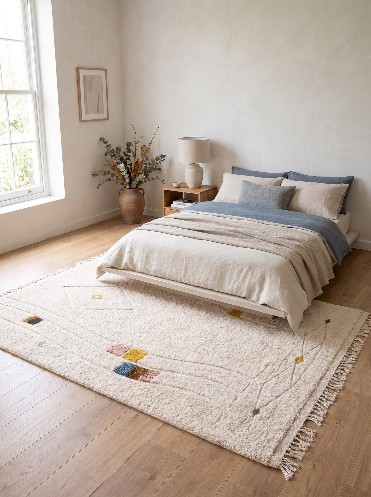 Tapis berbère graphique blanc Tawenza dans une chambre, noué main au Maroc