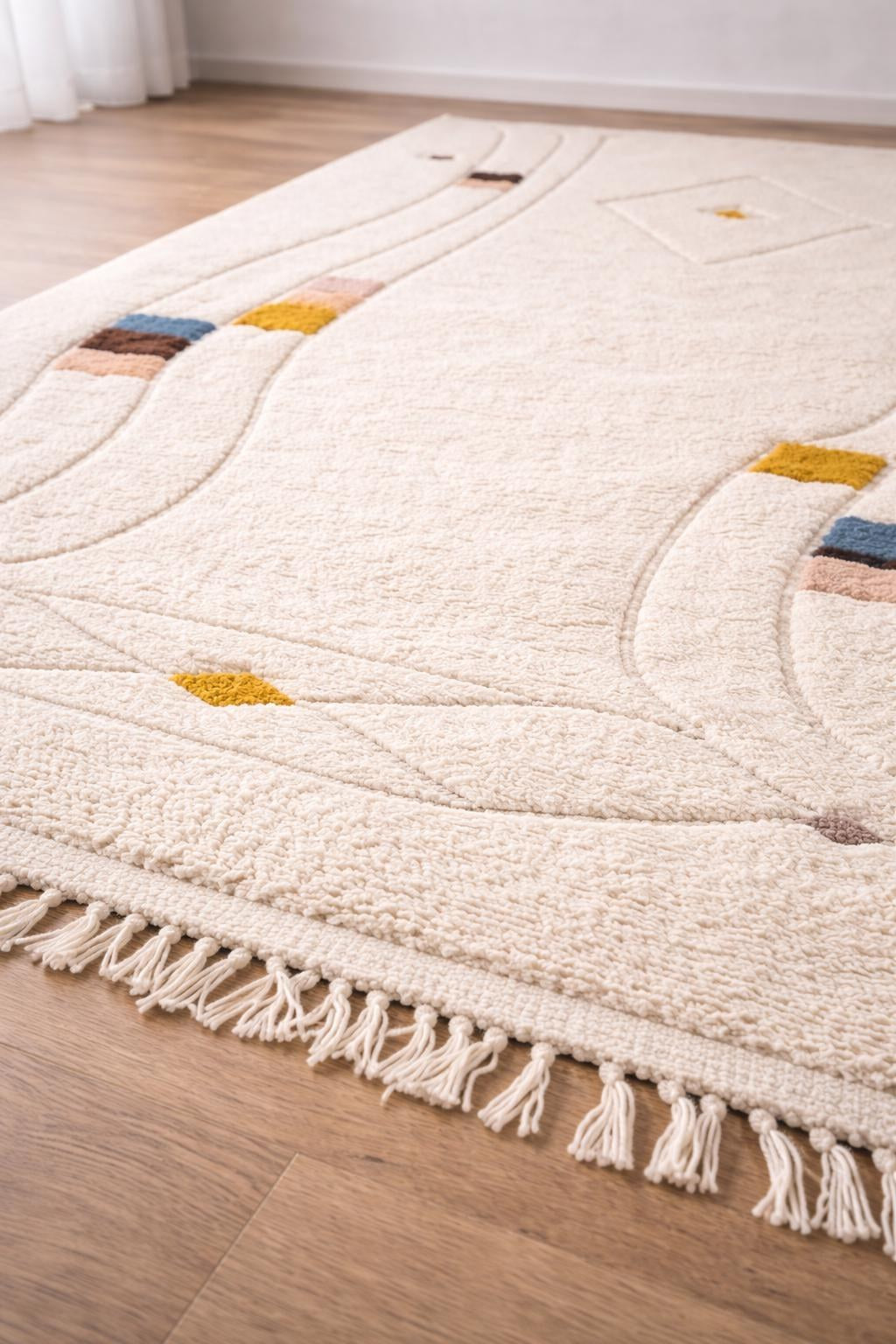 Gros plan sur les franges du tapis berbère Tawenza, écrues en bas seulement, nouées à la main