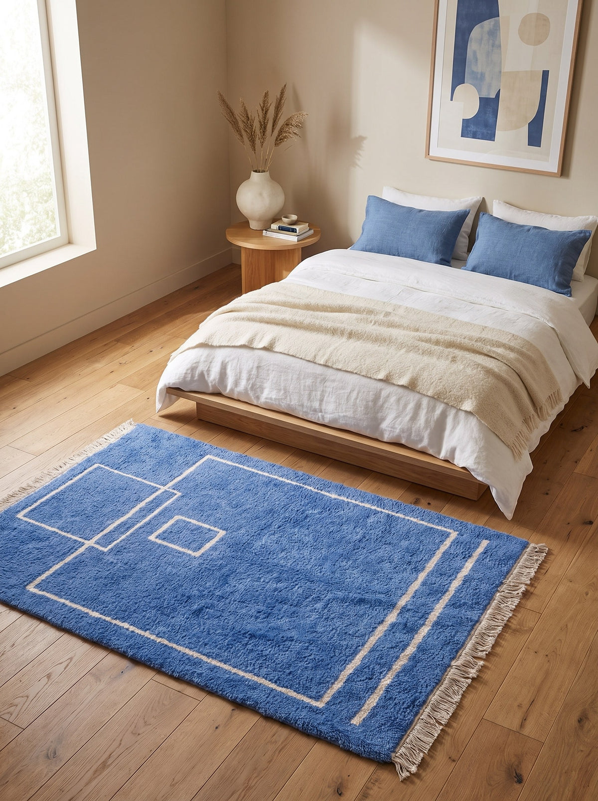 Tapis berbère graphique bleu Amdun dans une chambre, noué main au Maroc