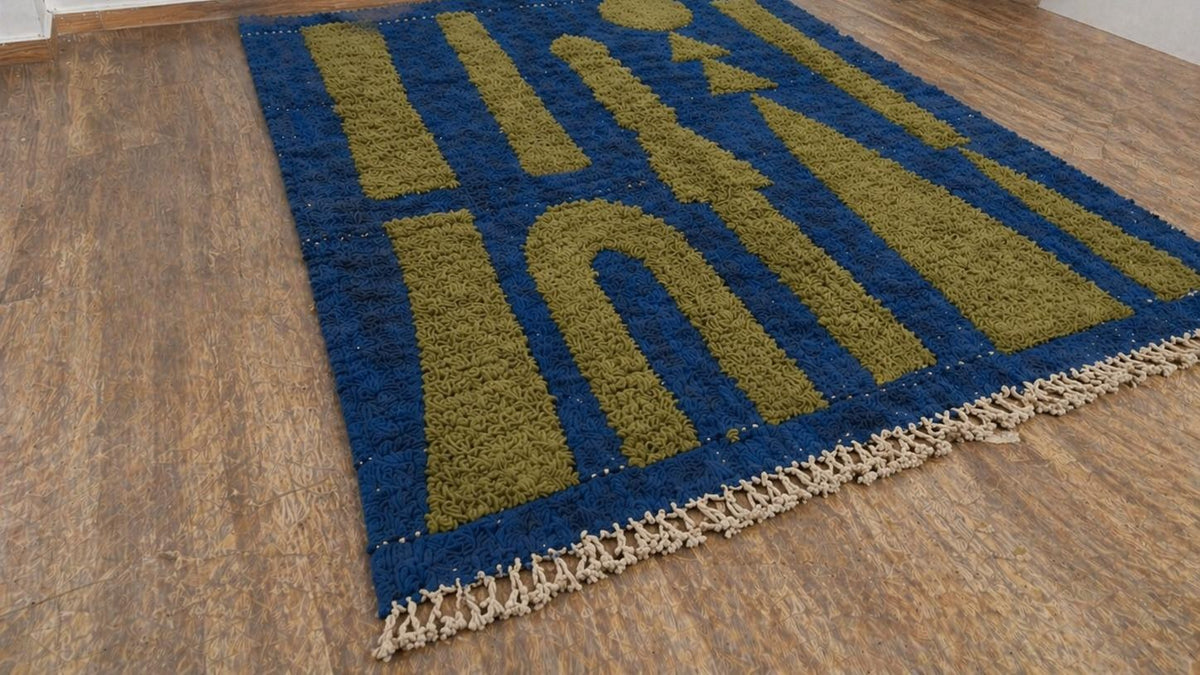 Tapis berbère graphique bleu et olive Azarwan posé au sol vu en biais, noué main au Maroc