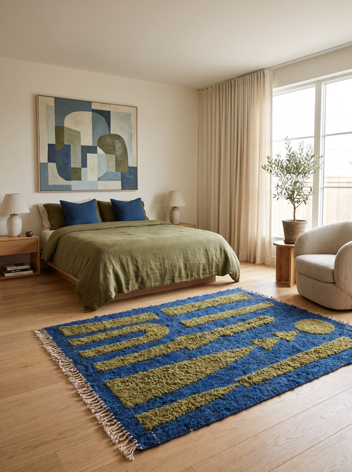 Tapis berbère graphique bleu et olive Azarwan dans une chambre, noué main au Maroc