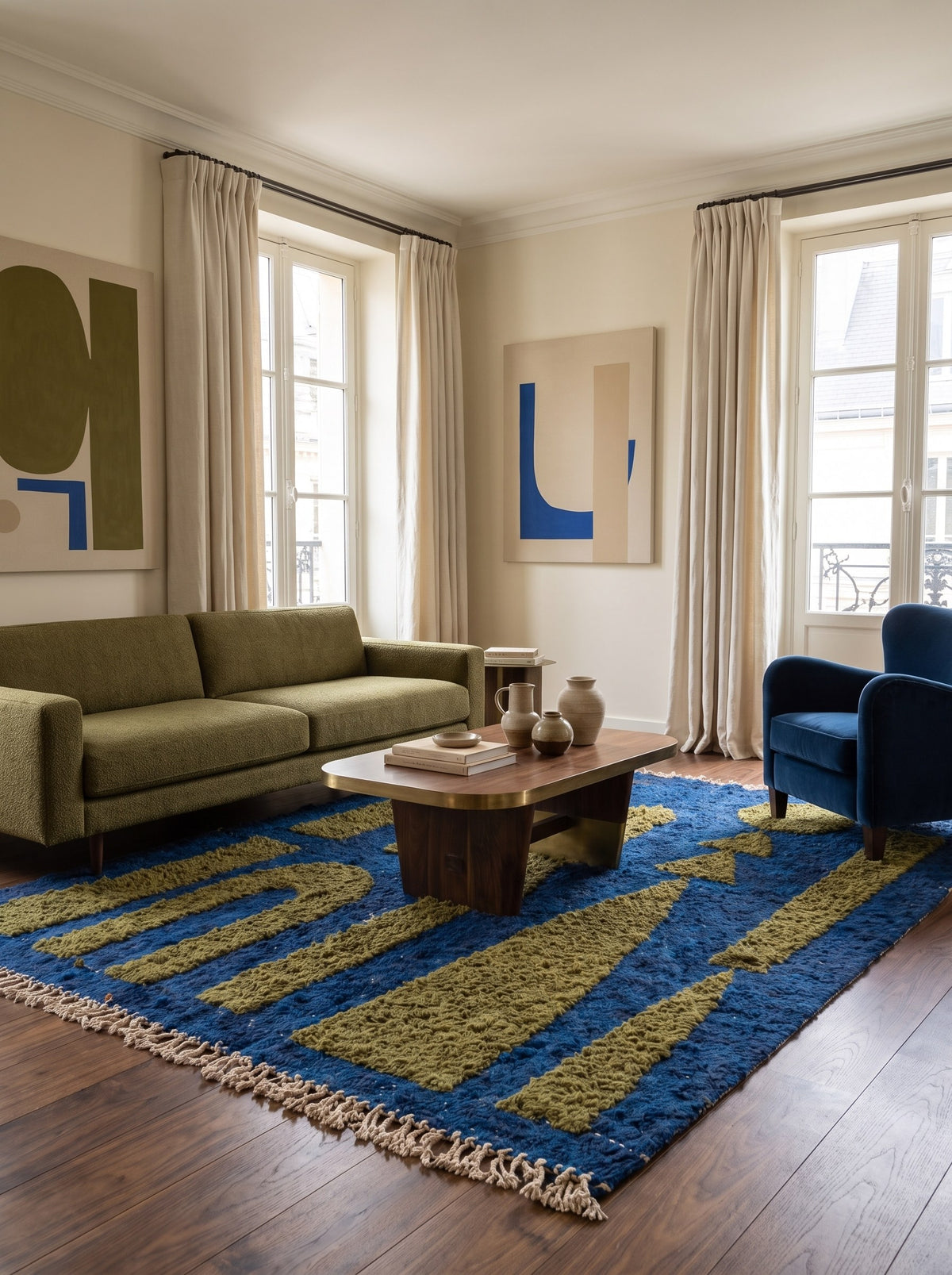 Tapis berbère graphique bleu et olive Azarwan dans un autre salon, noué main au Maroc