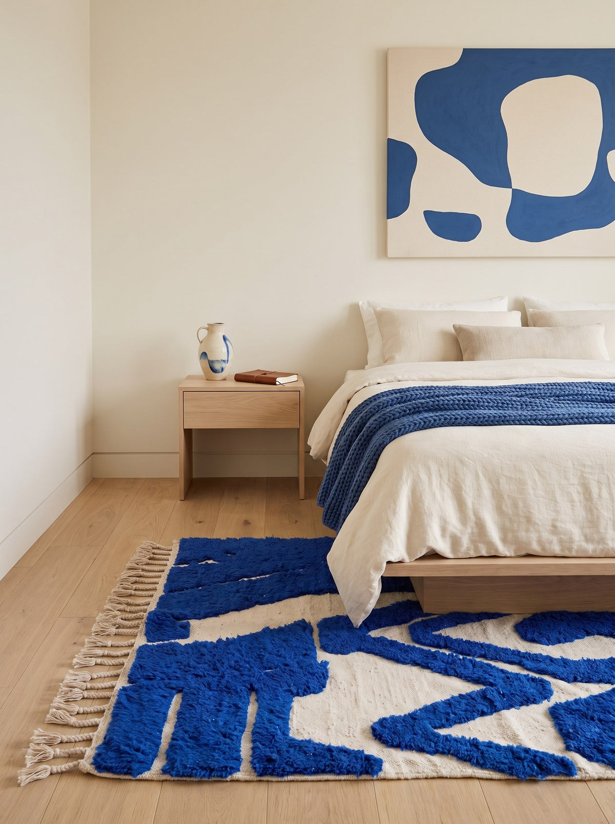Tapis berbère graphique bleu roi Loukkos dans une chambre, noué main au Maroc