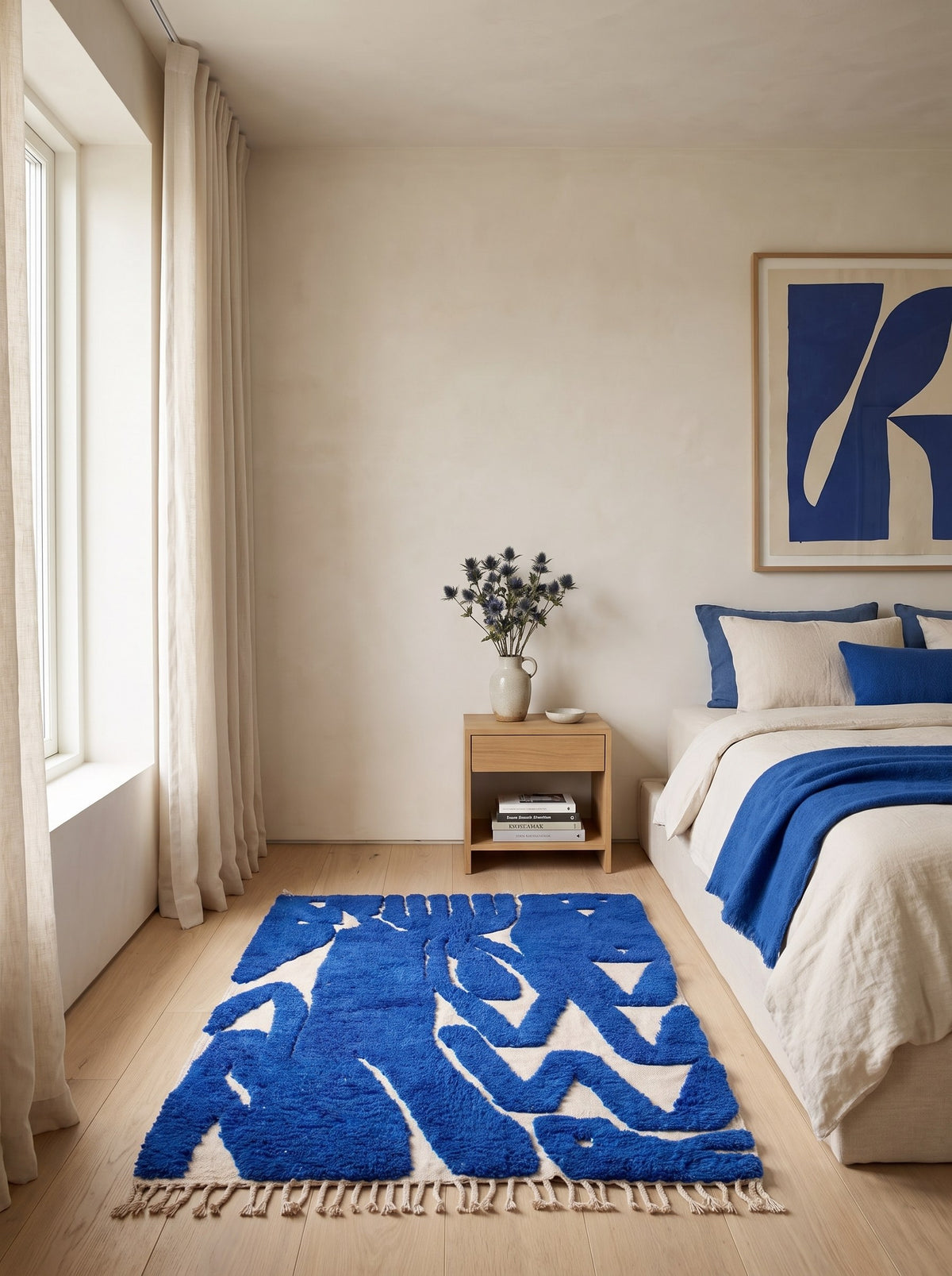 Tapis berbère graphique bleu roi Martil dans une chambre, noué main au Maroc