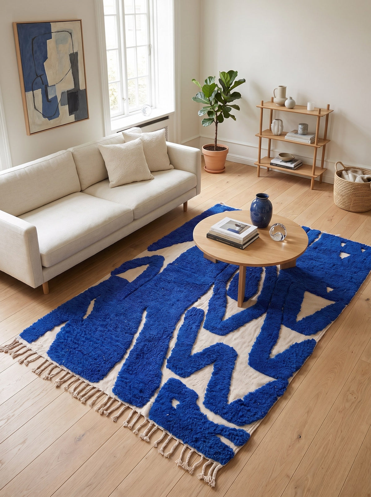 Tapis berbère graphique bleu roi Martil dans un autre salon, noué main au Maroc