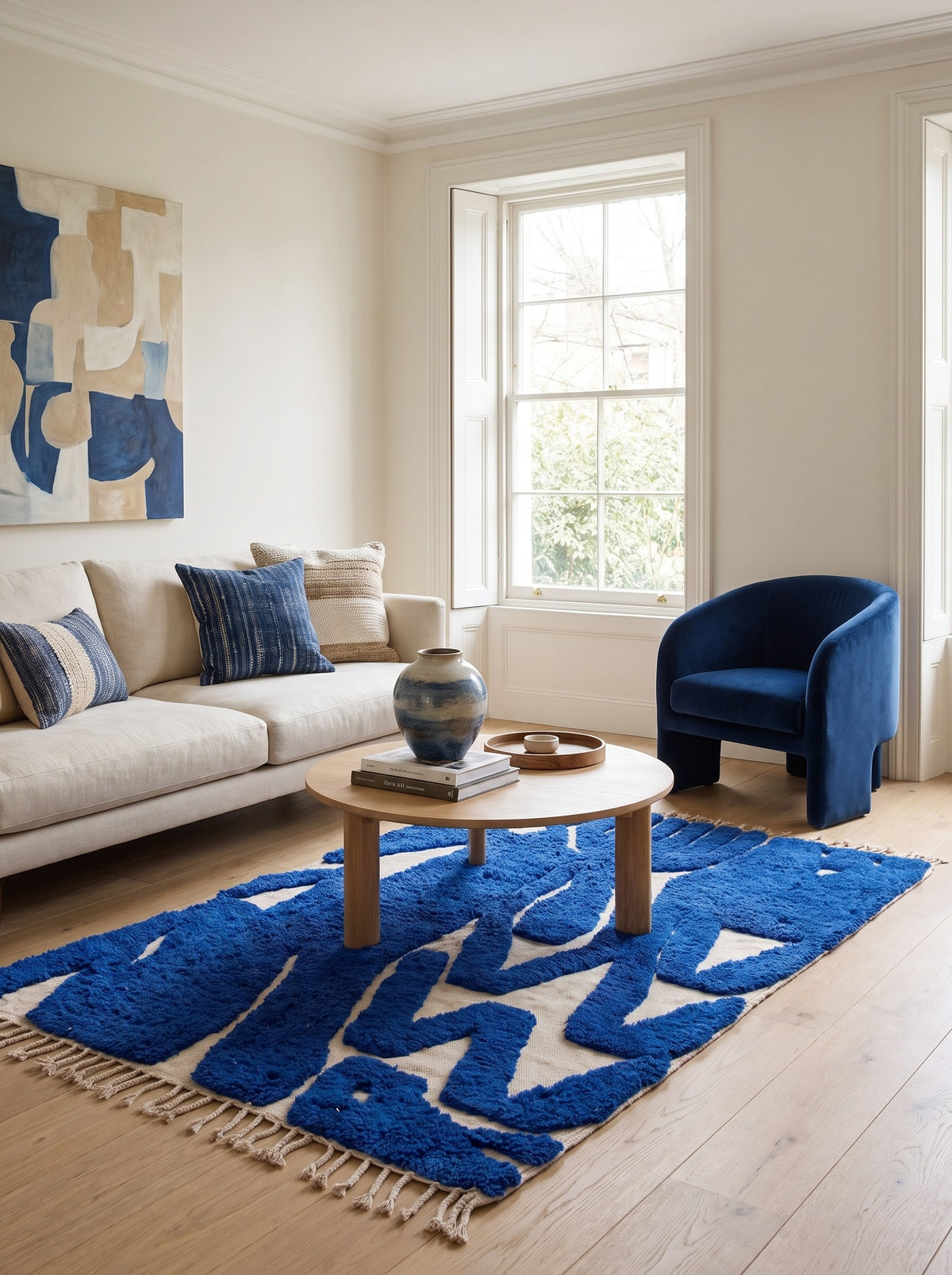 Tapis berbère graphique bleu roi Martil dans un salon, noué main au Maroc