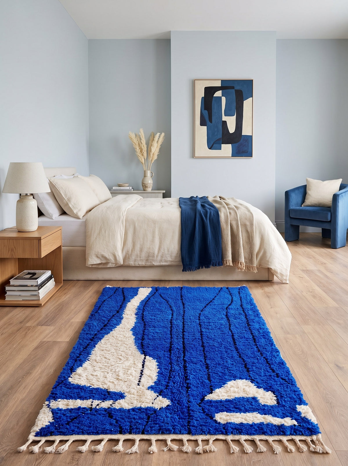 Tapis berbère graphique bleu roi Tizgane dans une chambre, noué main au Maroc
