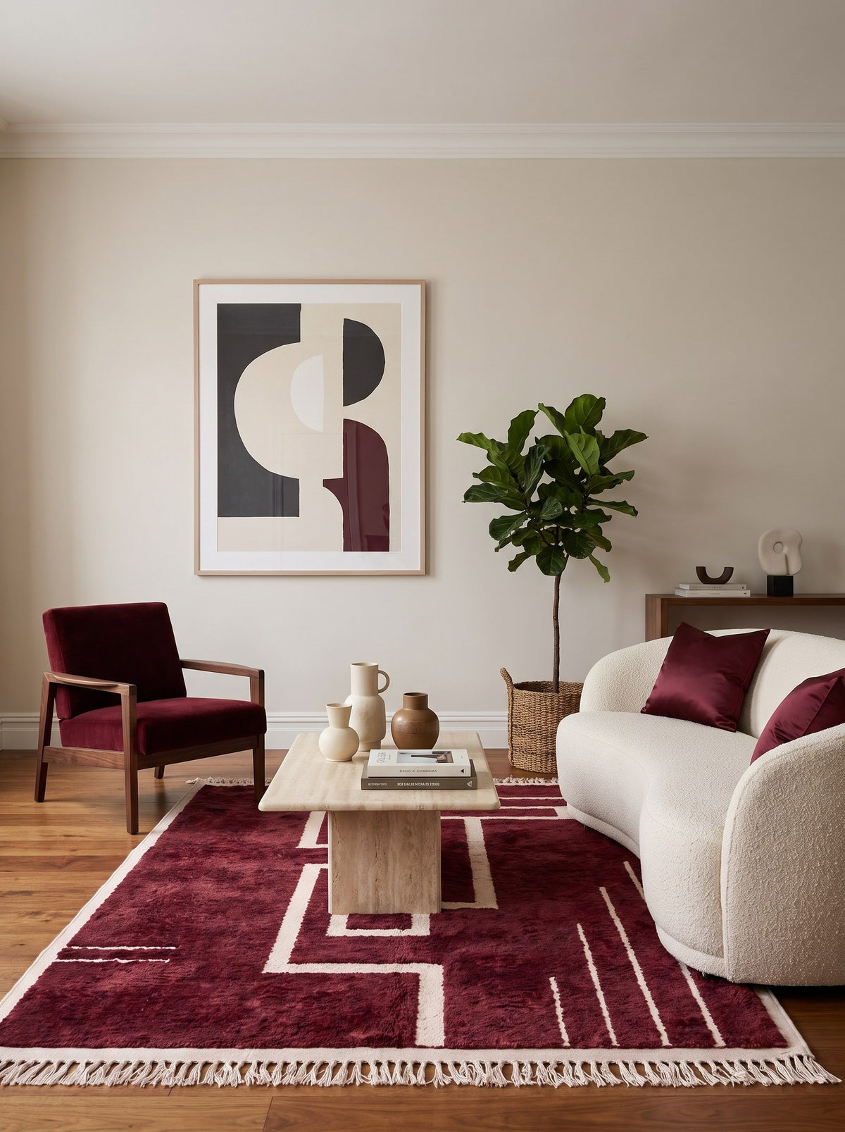 Tapis berbère graphique bordeaux Kalah dans un salon, noué main au Maroc